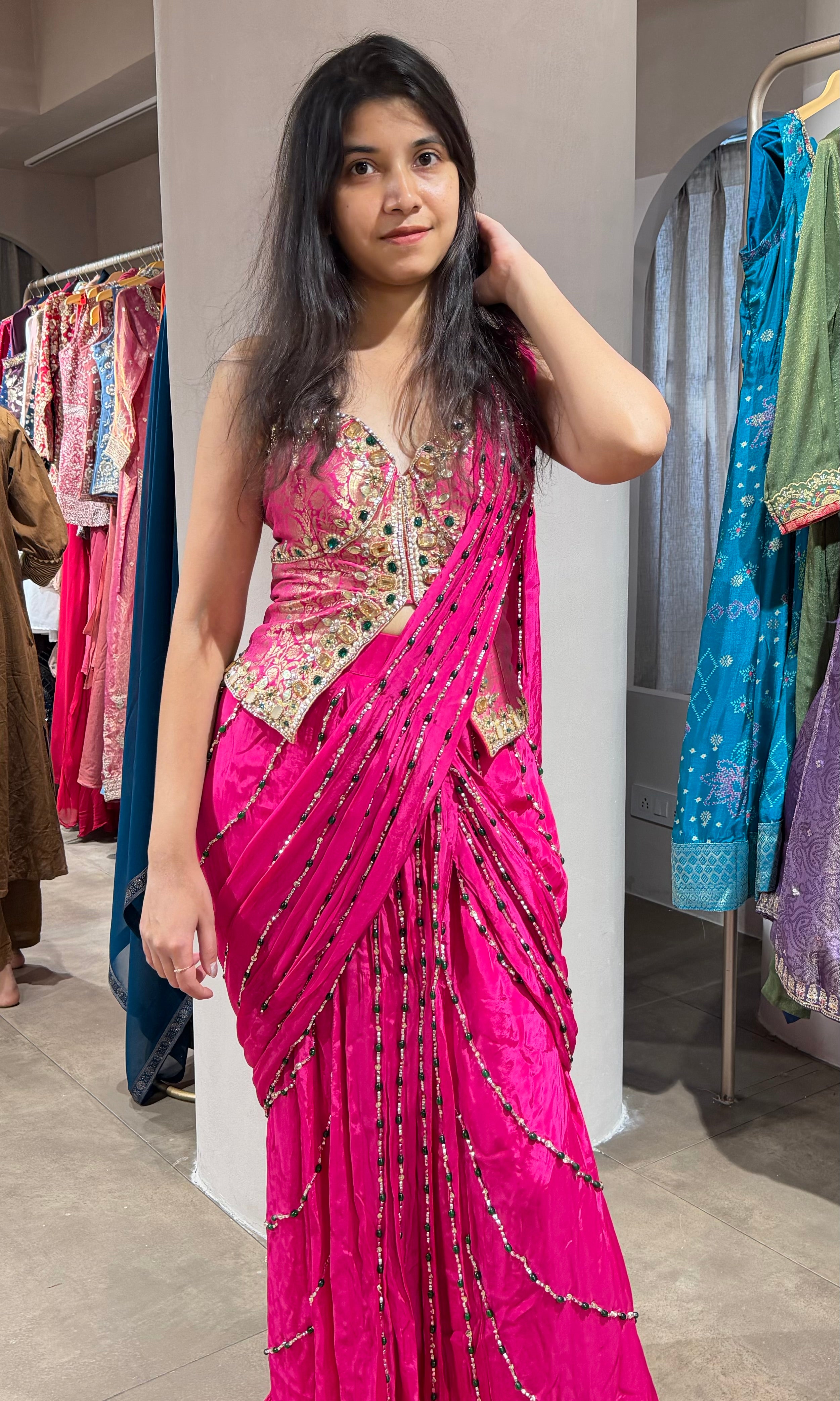 Pink DRAPE SAREE WITH ELEGANT CORSET BLOUSE