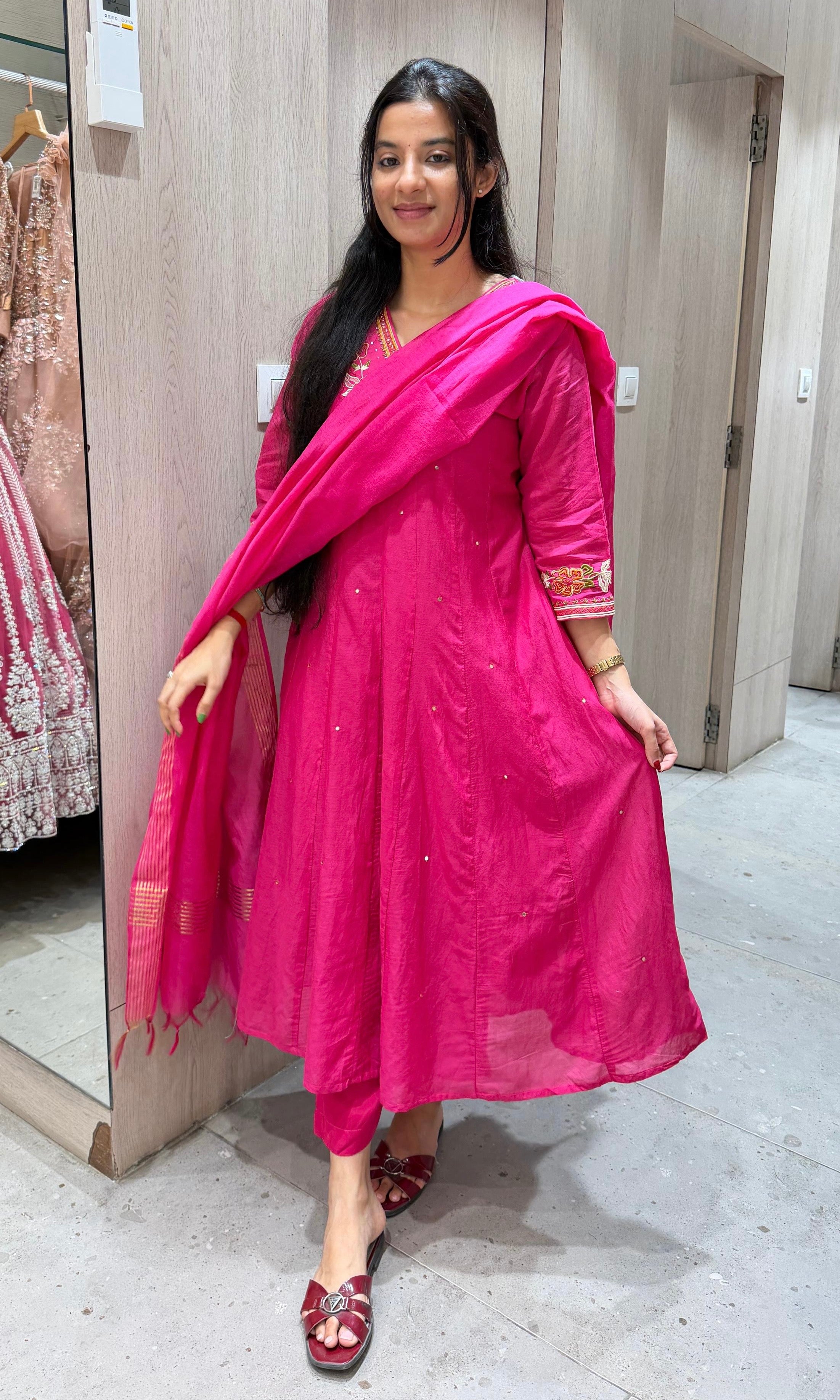 Pink FLORAL NECK LINE EMBROIDERED ANARKALI