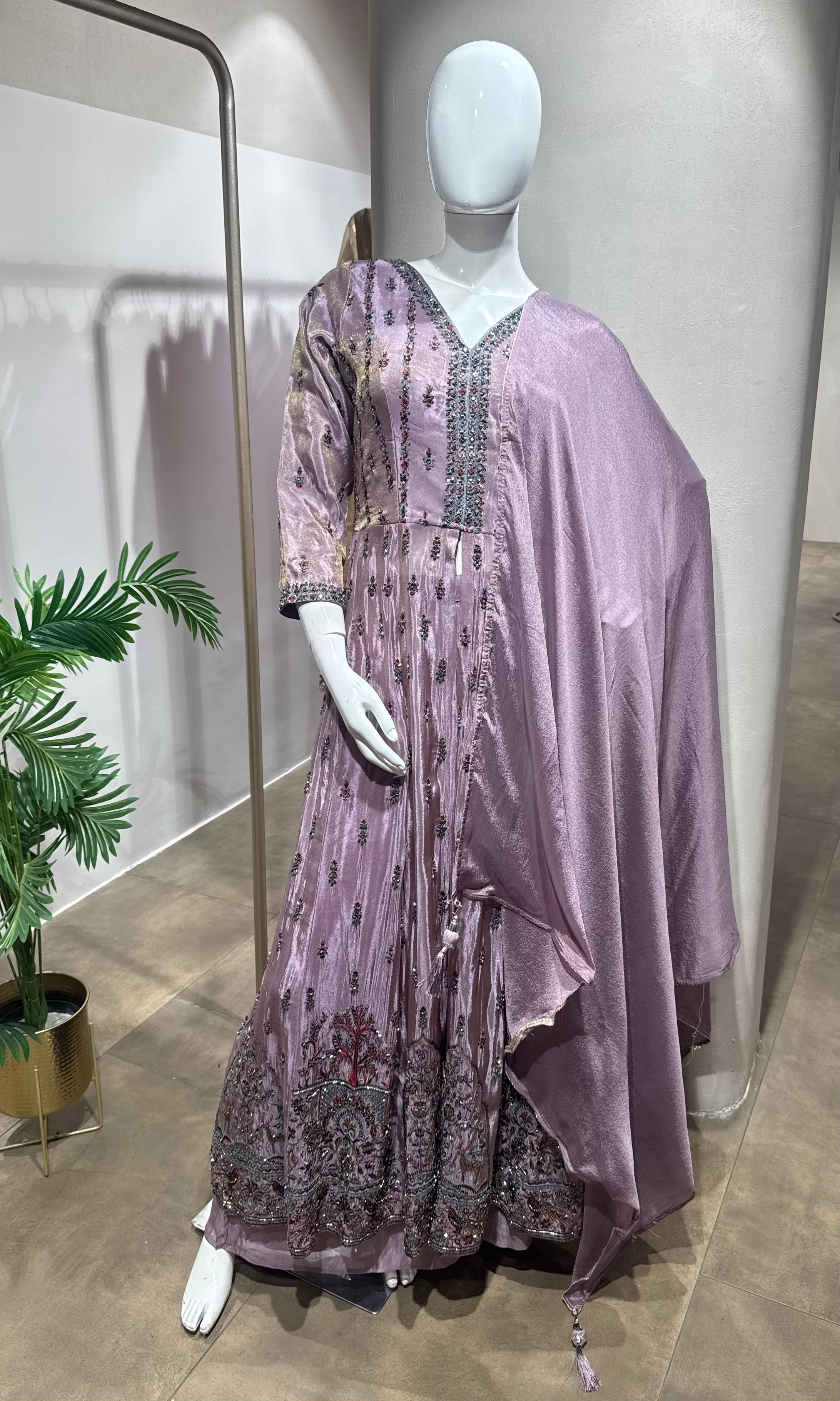LIGHT Purple Chinon Silk Embroidered Palazzo Set