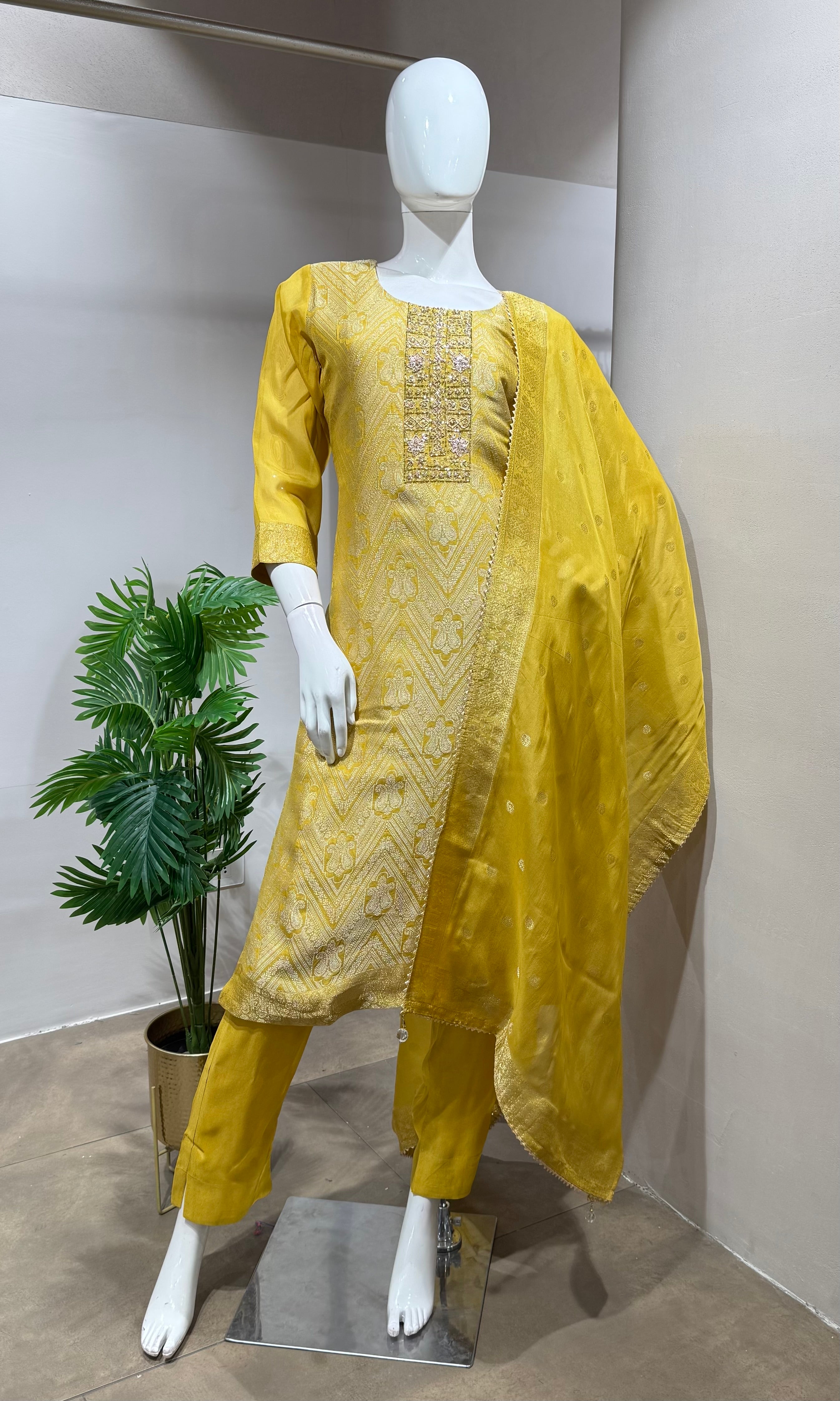 Yellow Chanderi Silk Embroidered Kurta Set