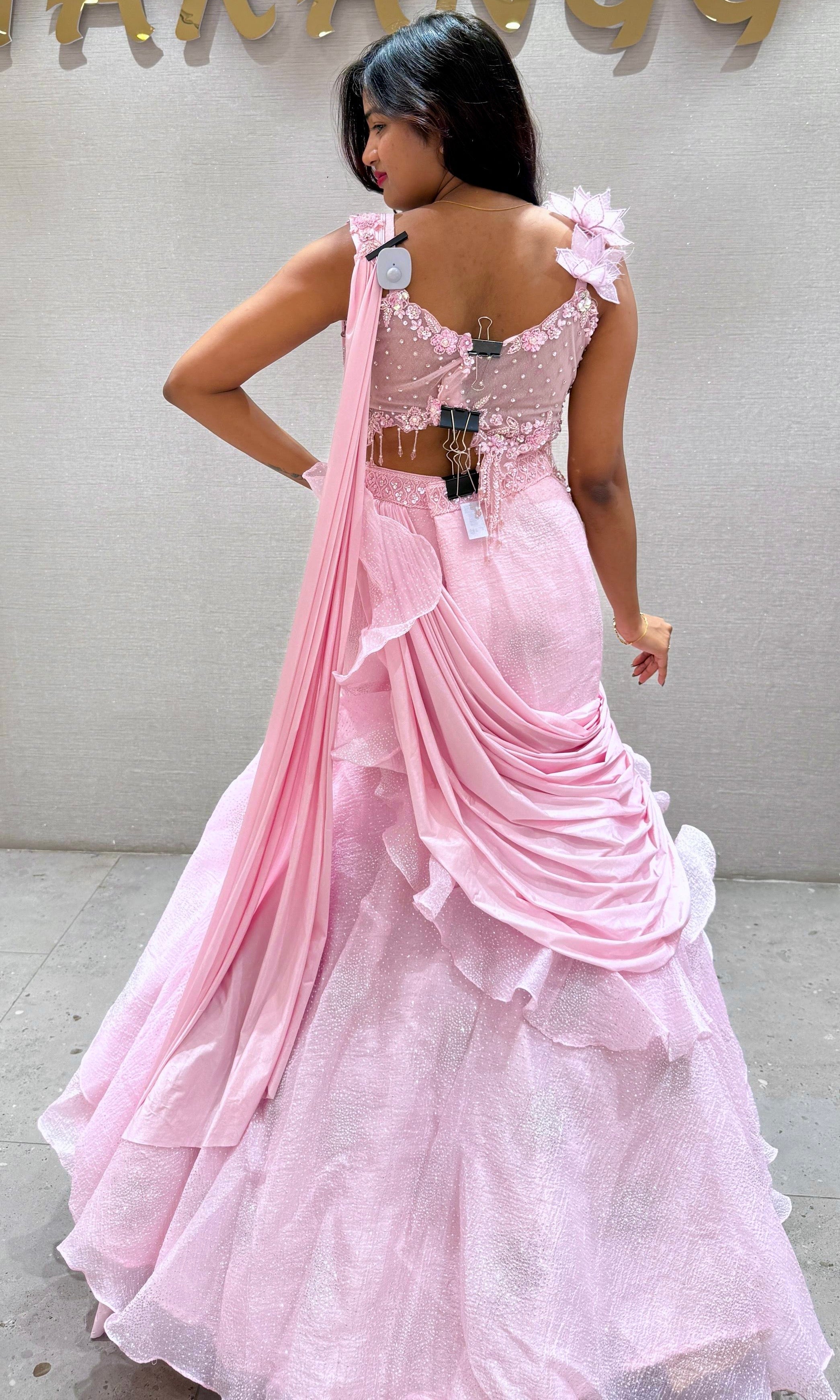 Blush Pink Floral ruffle drape saree