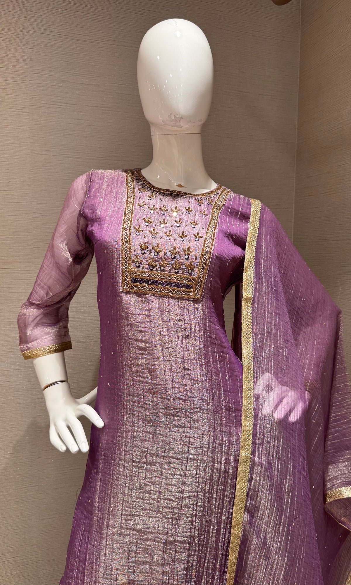 Lavender Tissue silk Salwar Kurta set with Gold Embroidery