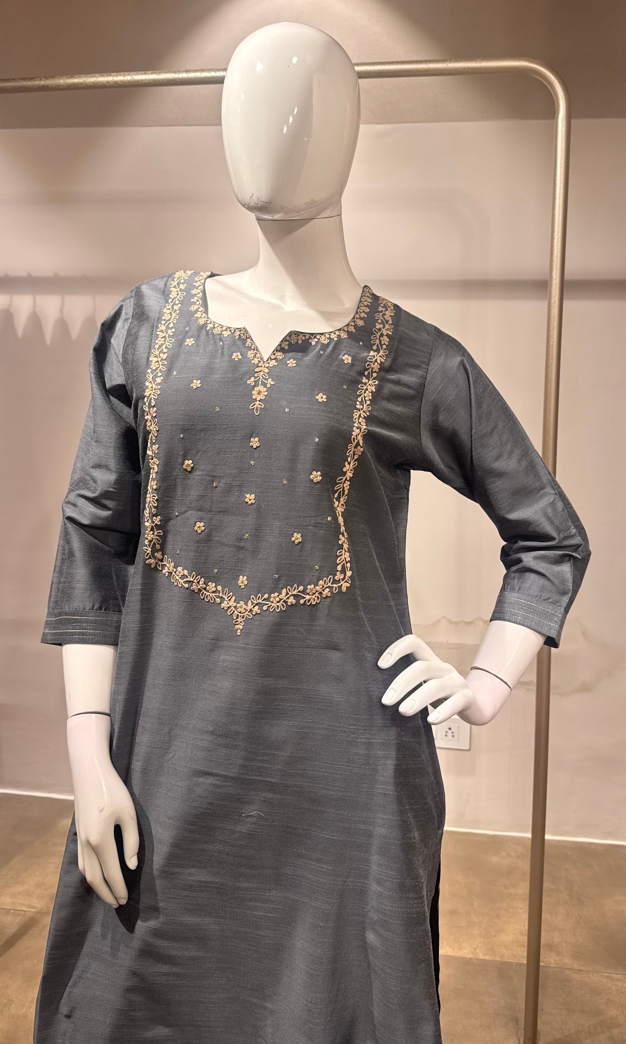 Slate Grey Silk Chanderi Kurta Set with Zari Embroidered