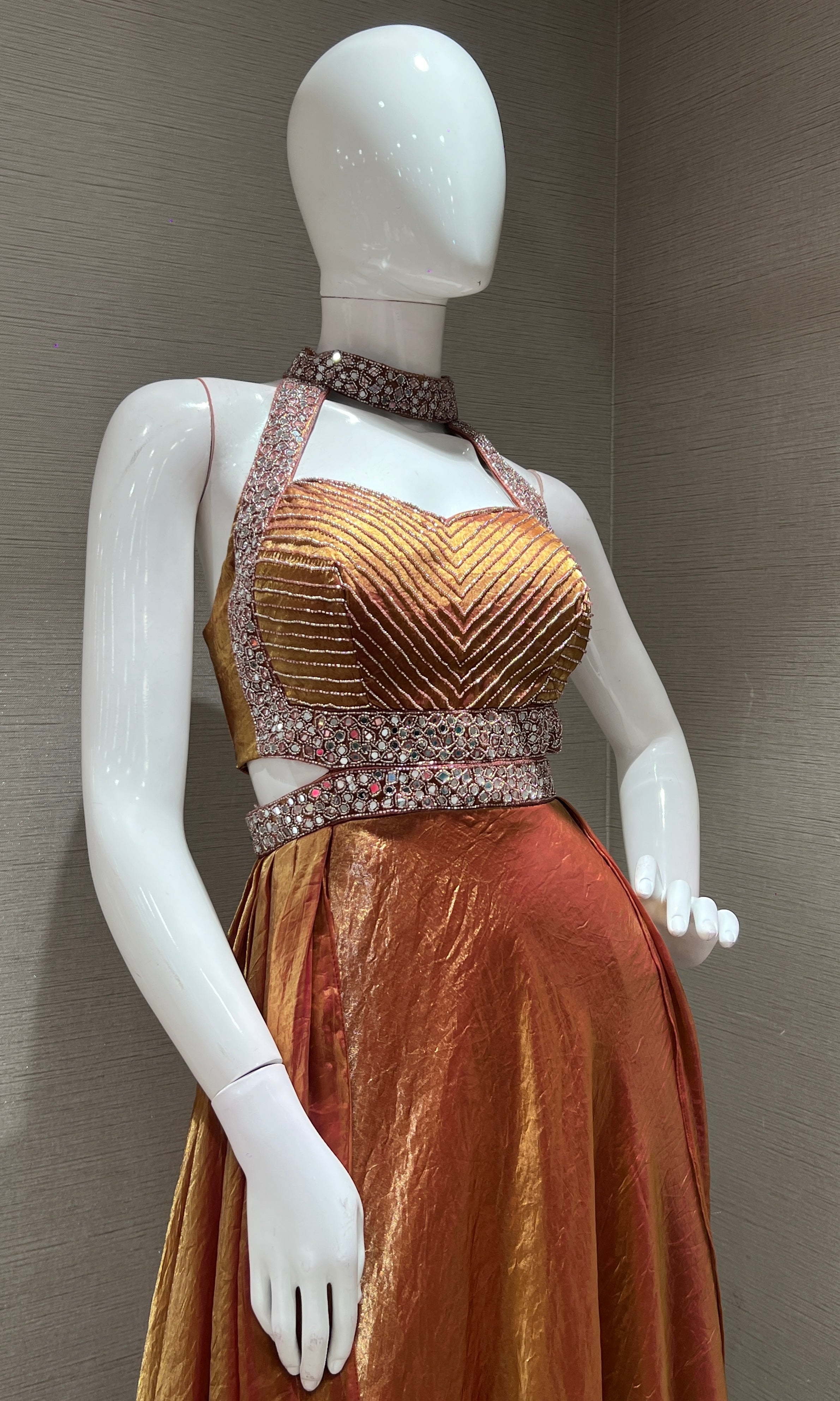 Rust HALTER NECK EMBELLISHED LONG GOWN