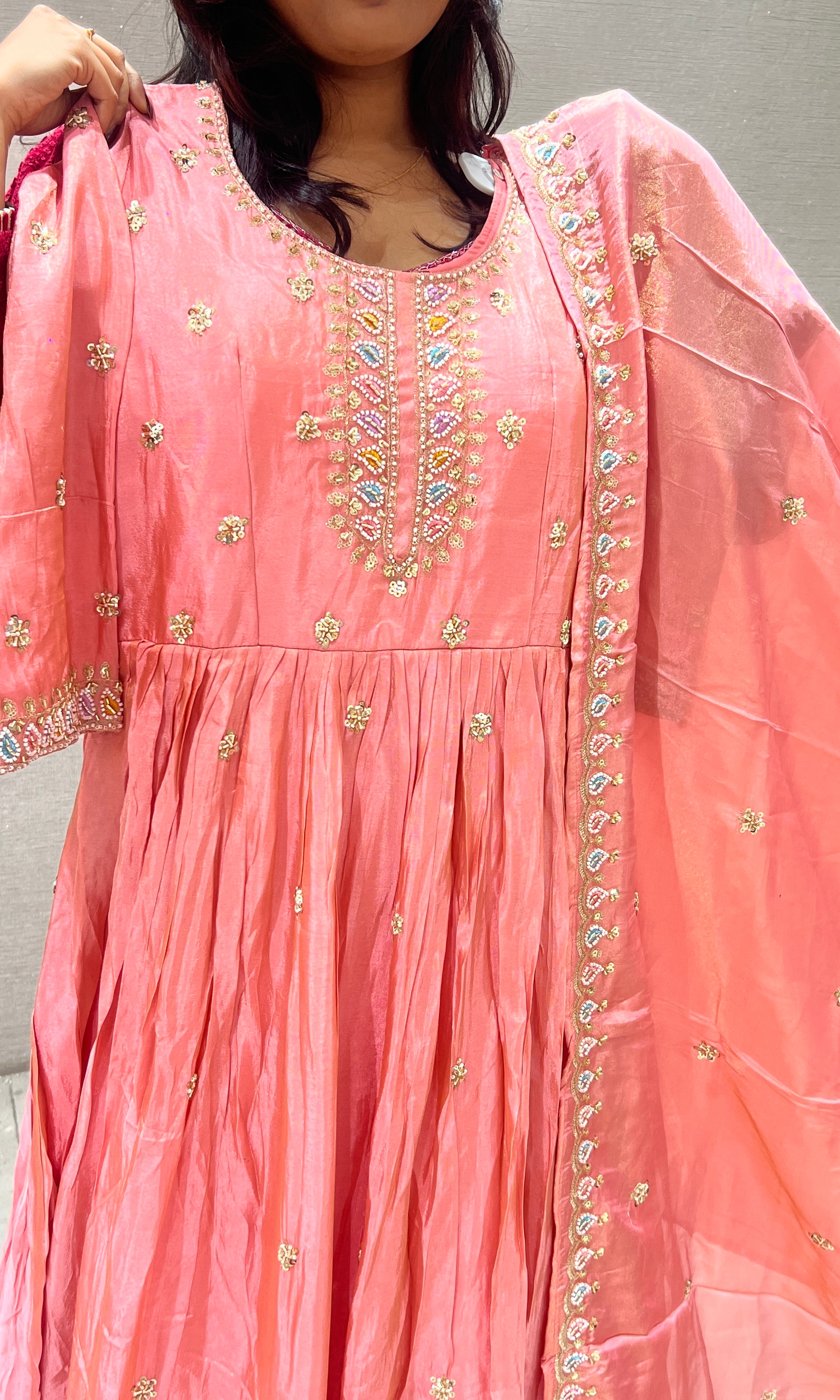 Light Pink Embroidered Long Anarkali Gown