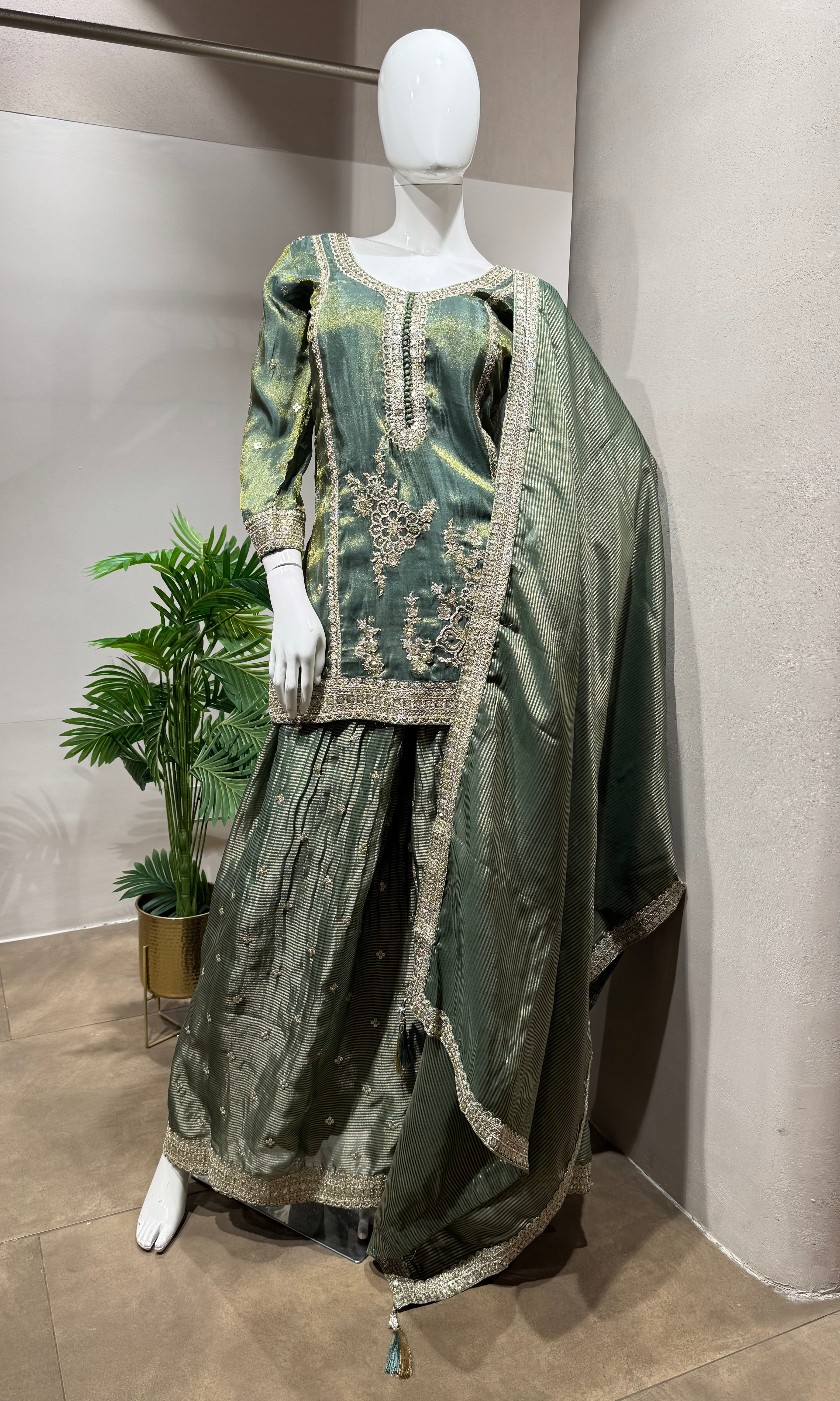 Green Embroidered Silk Sharara Set