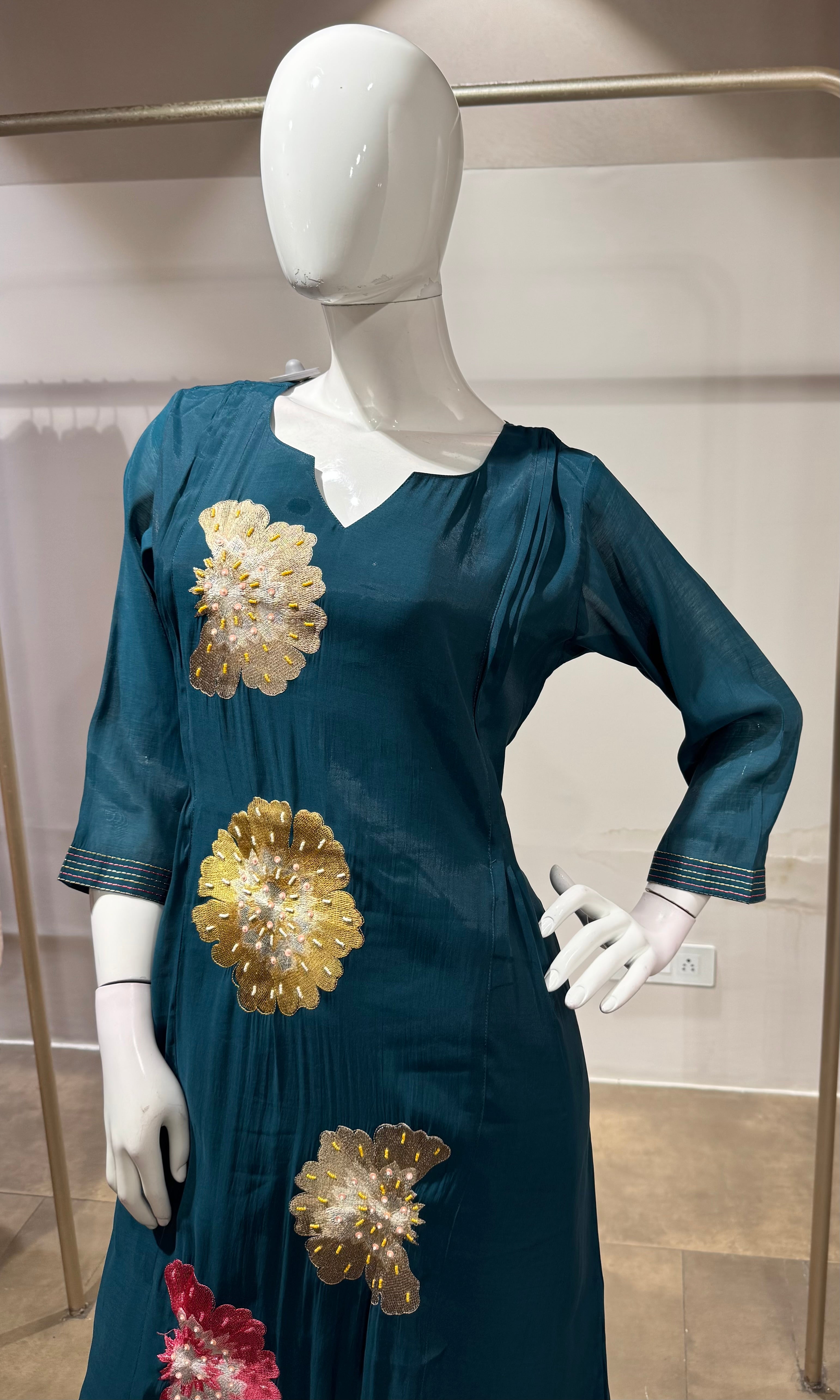Teal Blue floral printed kurta set