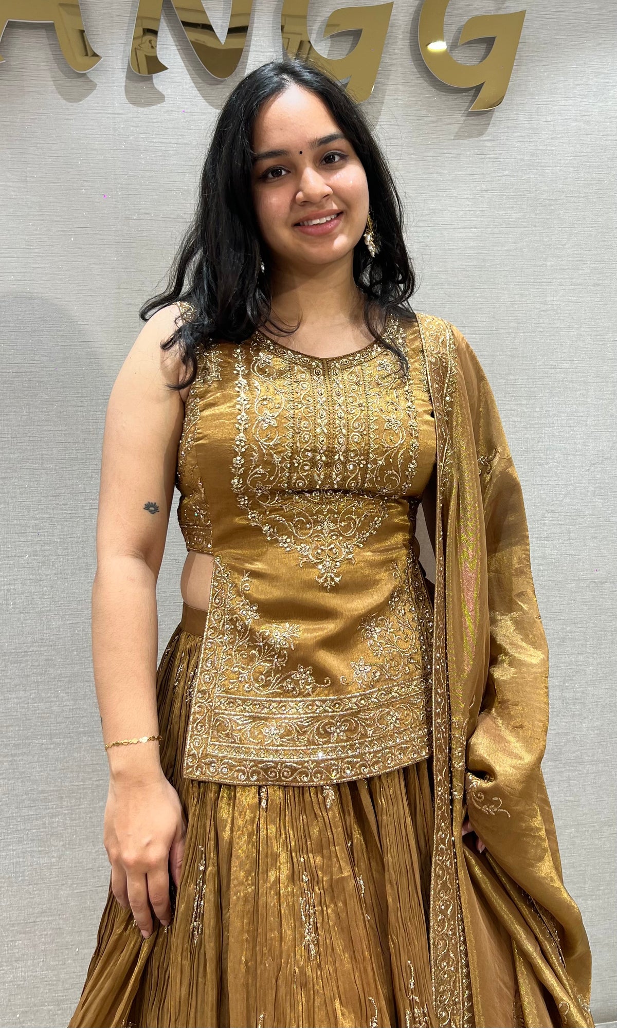 Brown Golden Tissue silk Lehenga Set