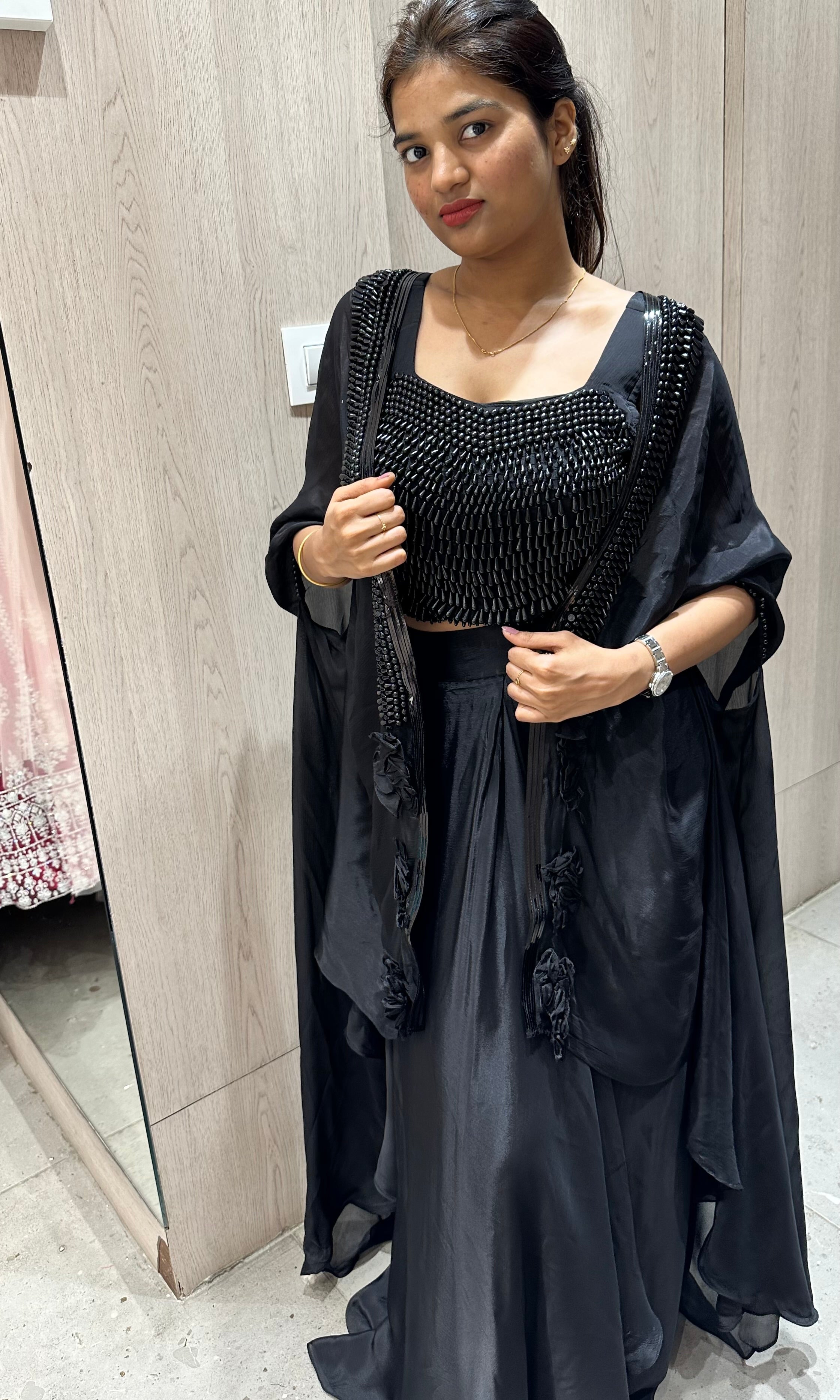Black 3 piece Indo western long dress, coat crop top skirt