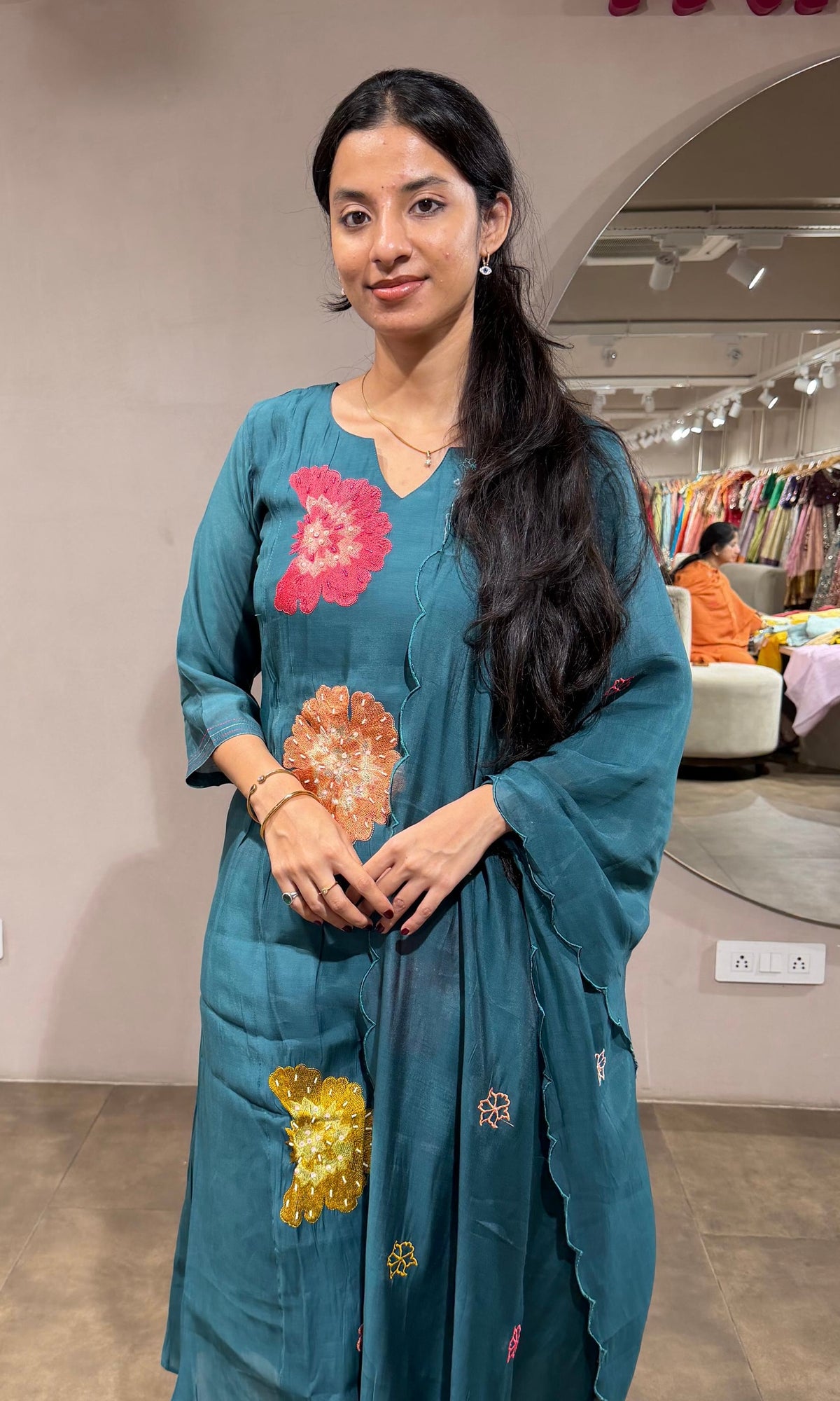 Sea Green cotton Floral Motif Kurta set with dupatta