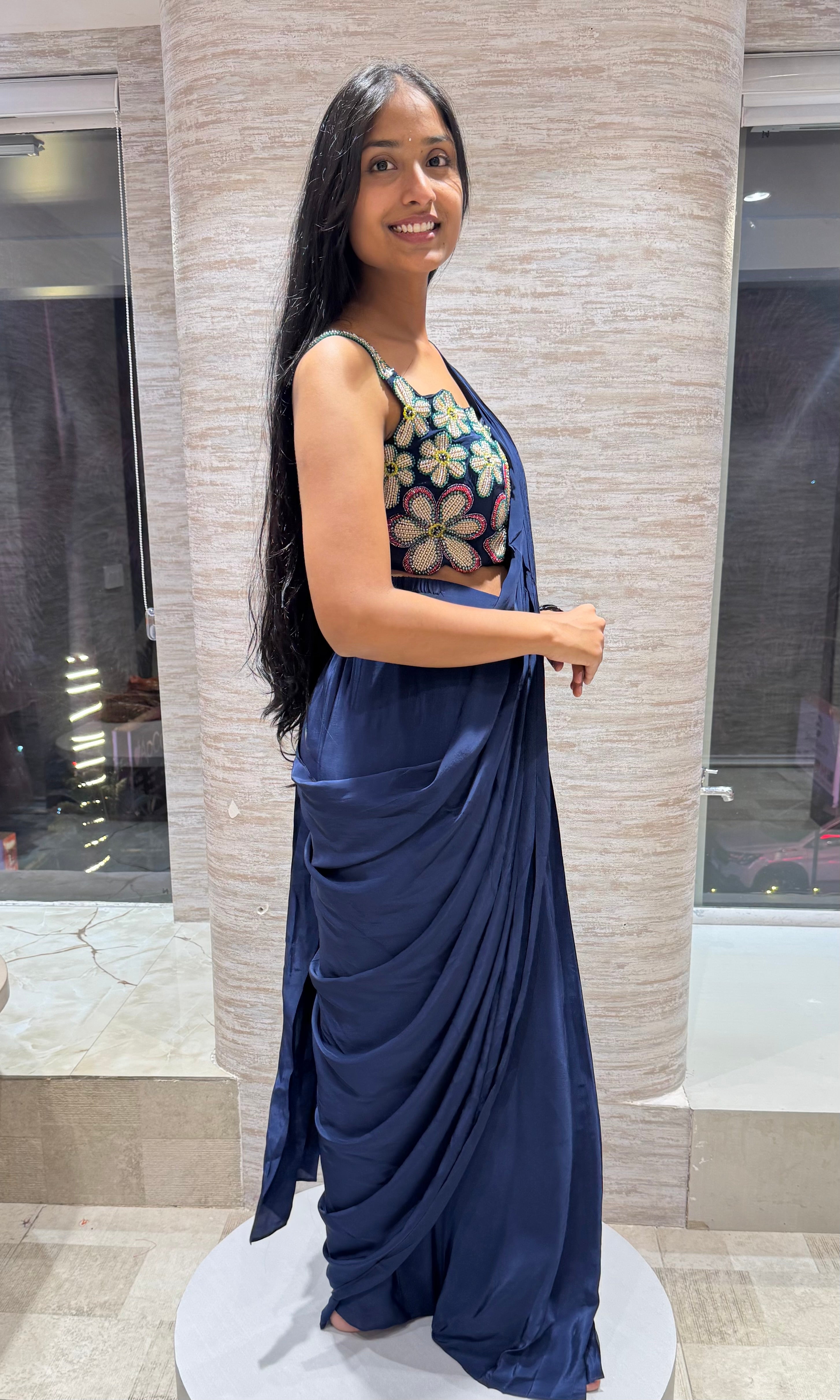 Navy Blue Drape Saree with floral blouse