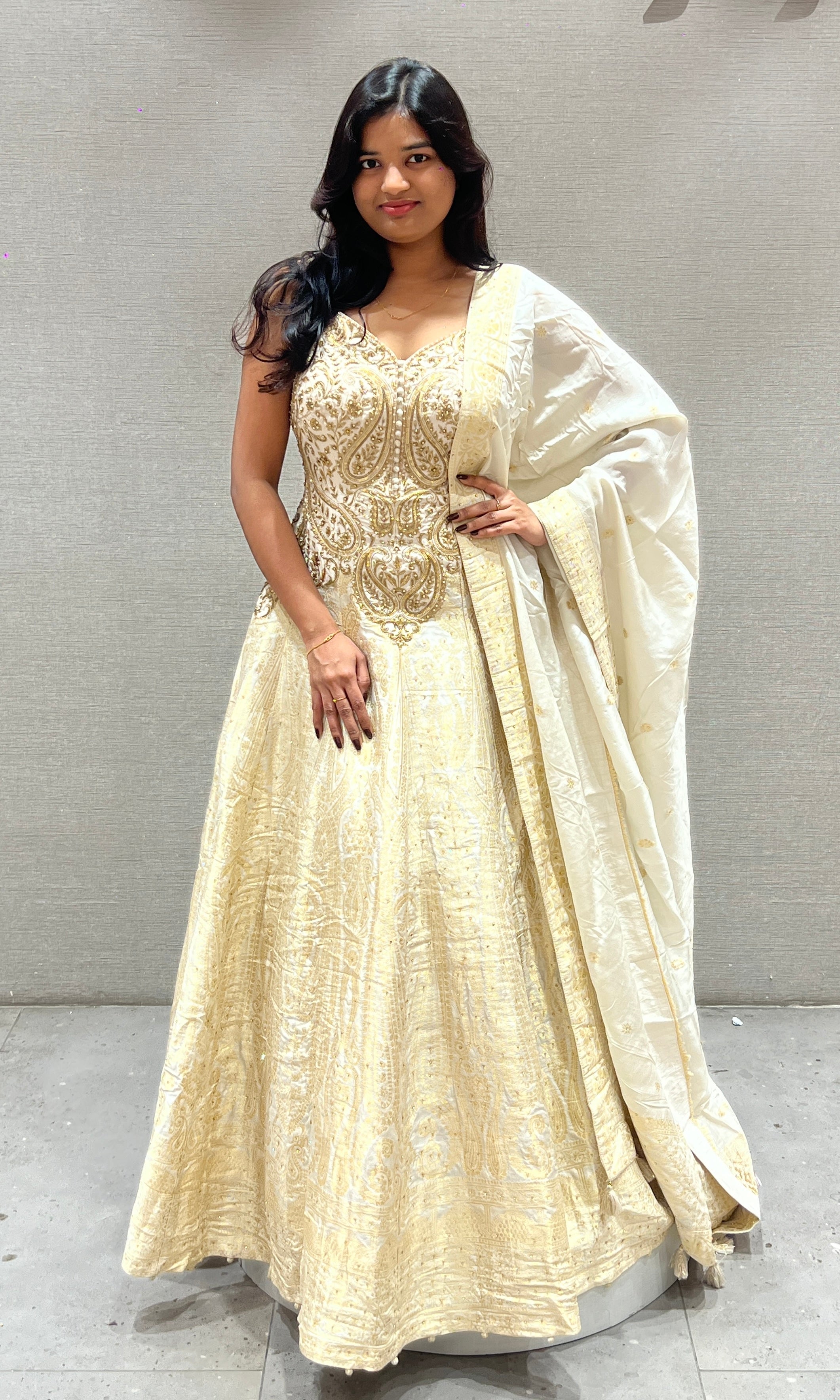 Cream and Gold Zardozi Anarkali Gown