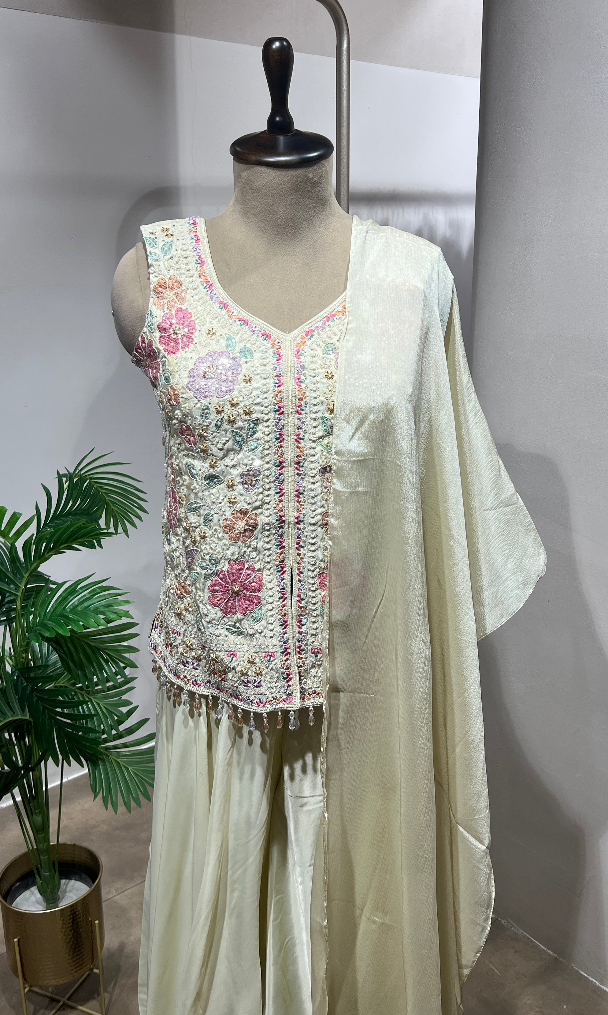 Cream Floral Embroidered Palazzo Suit