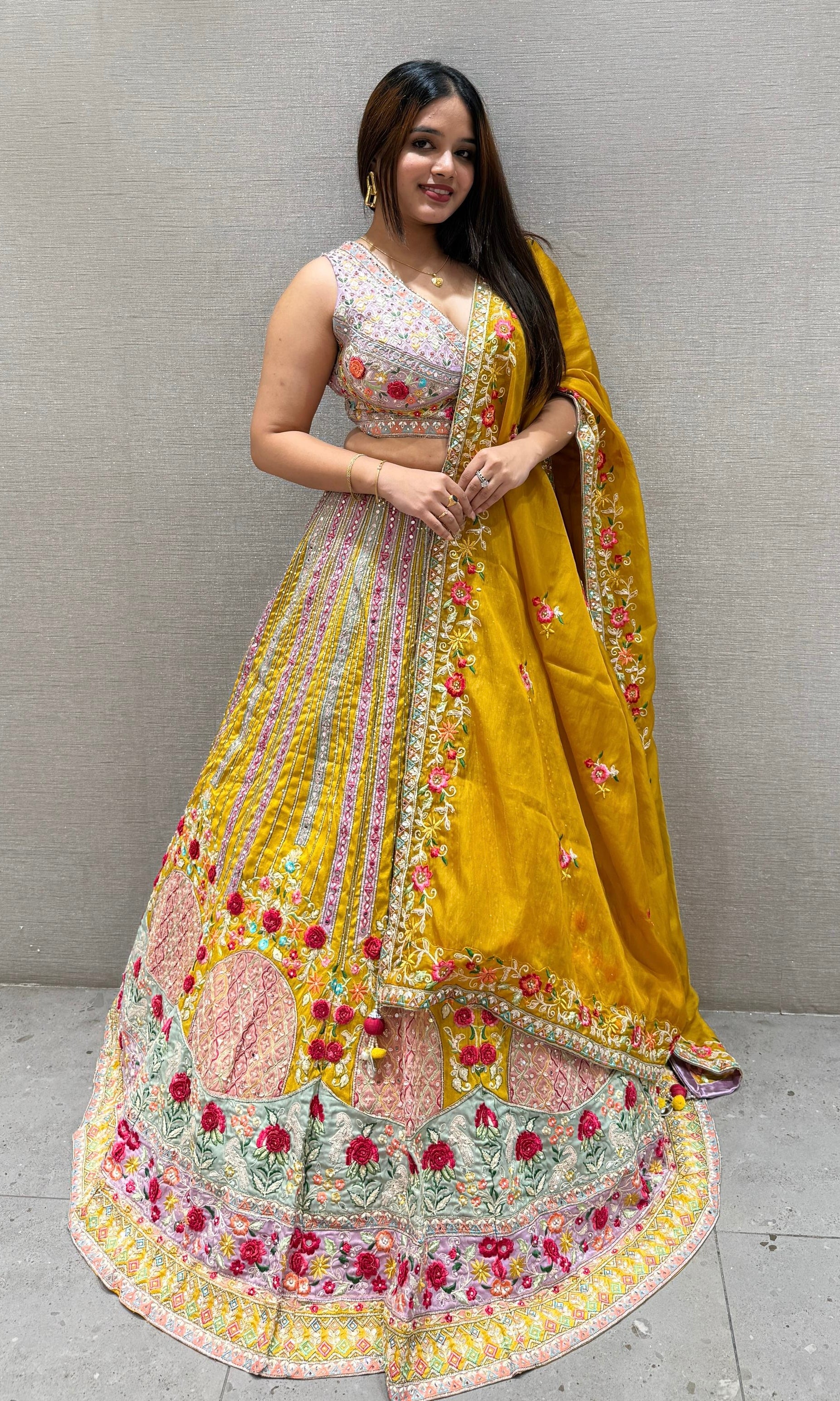 multi yellow lehenga