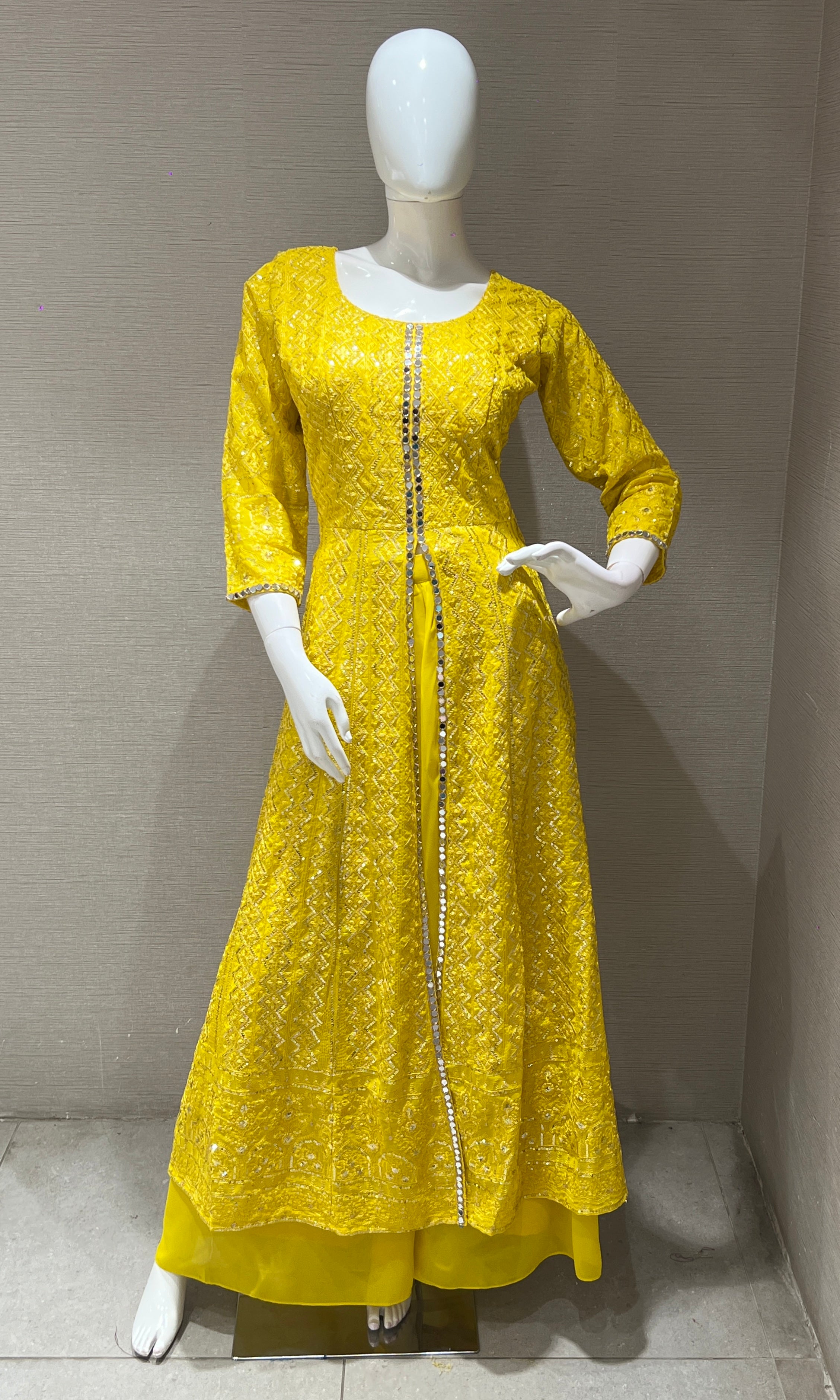 Yellow front slit Anarkali with palazzo pants