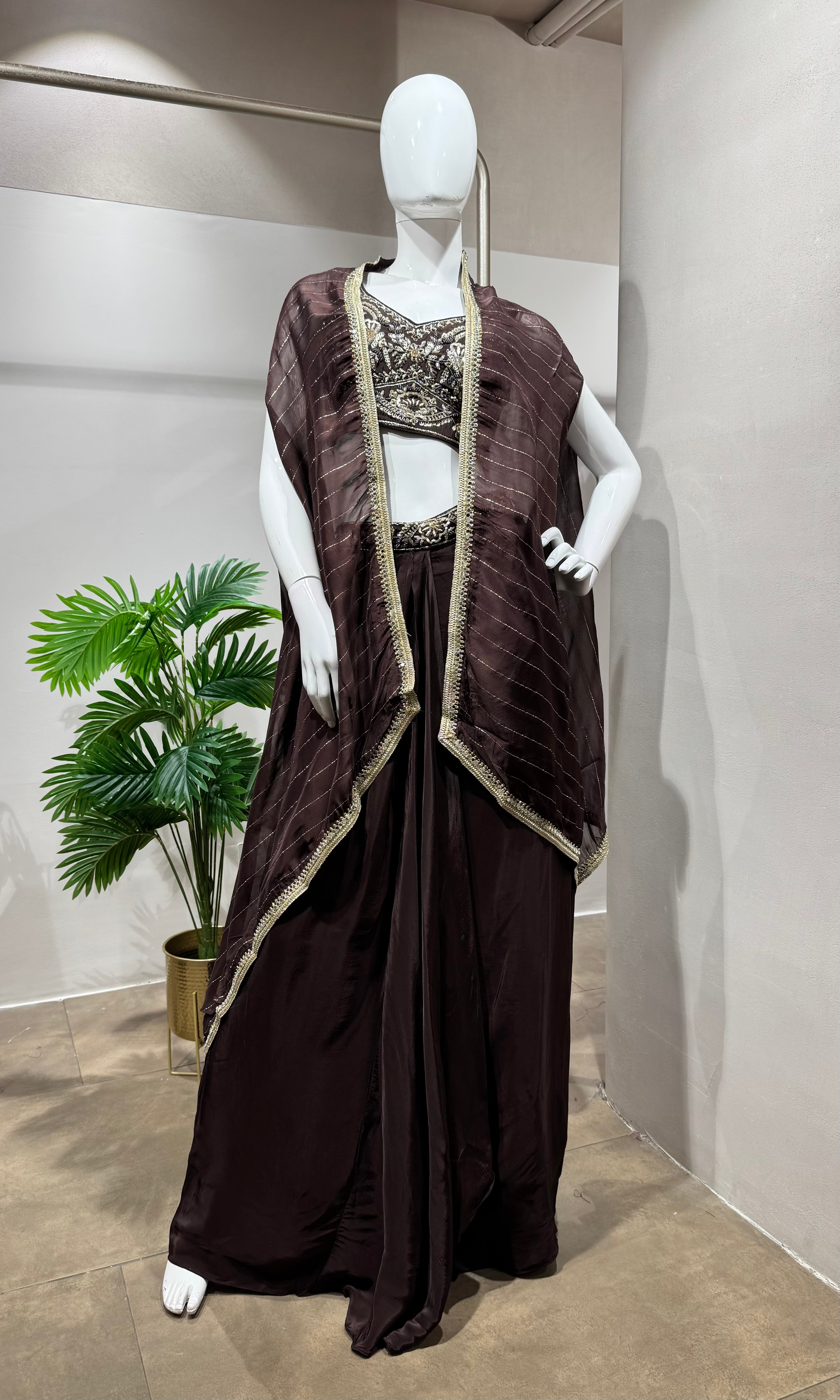 Brown silk drape skirt with cape & crop top