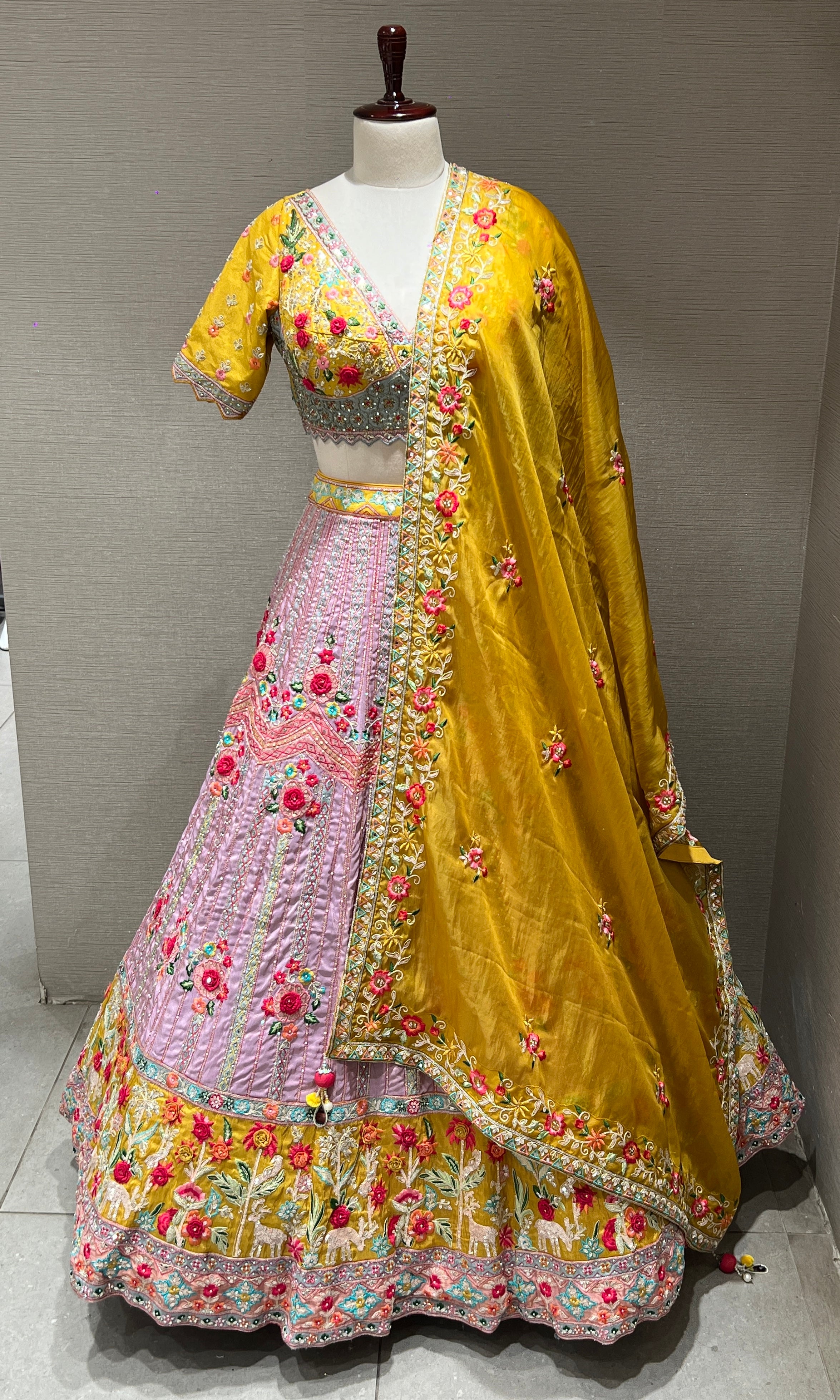 Lilac and Yellow Floral Embroidered Lehenga
