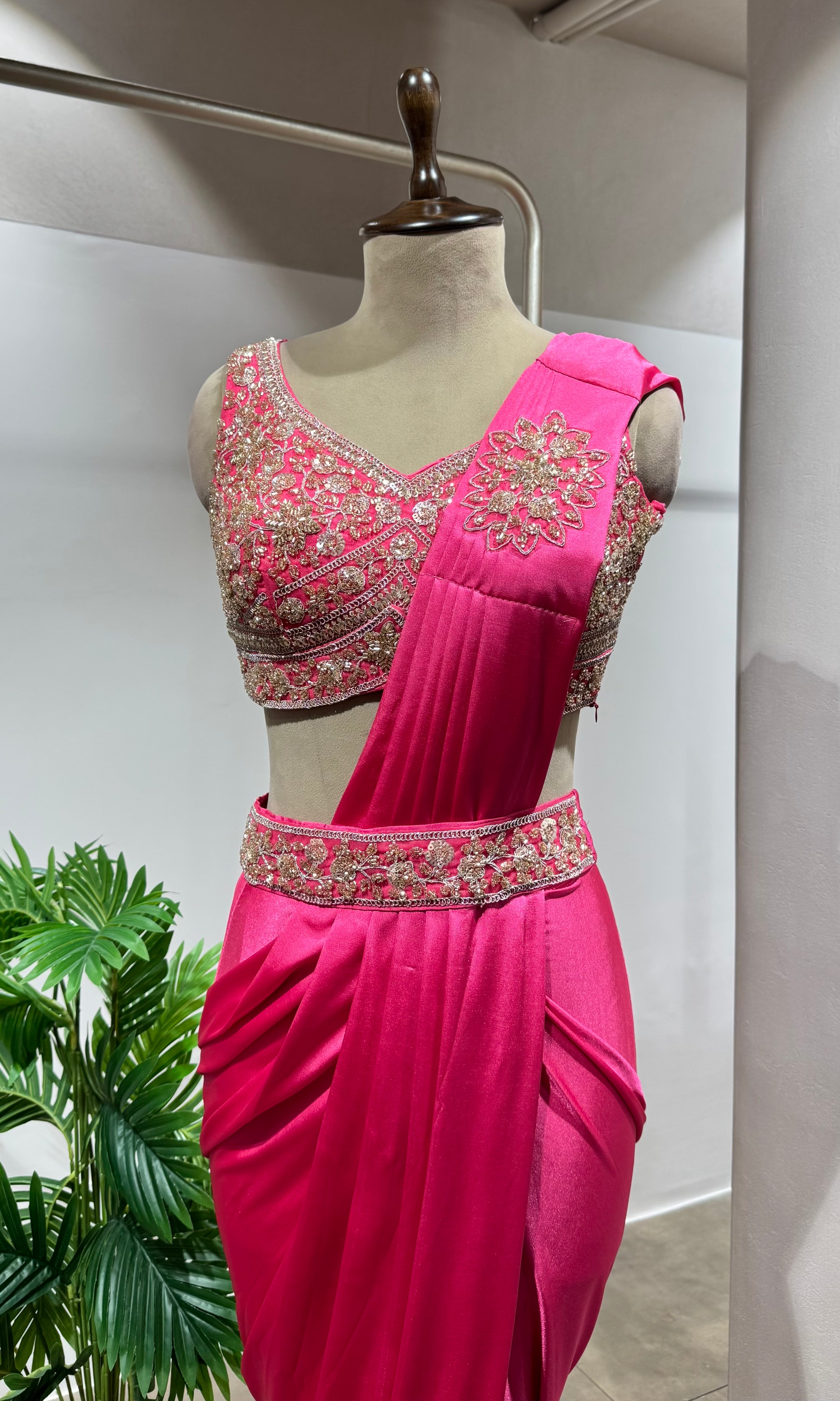 PINK DRAPE SAREE WITH EMBROIDERED BLOUSE & BELT