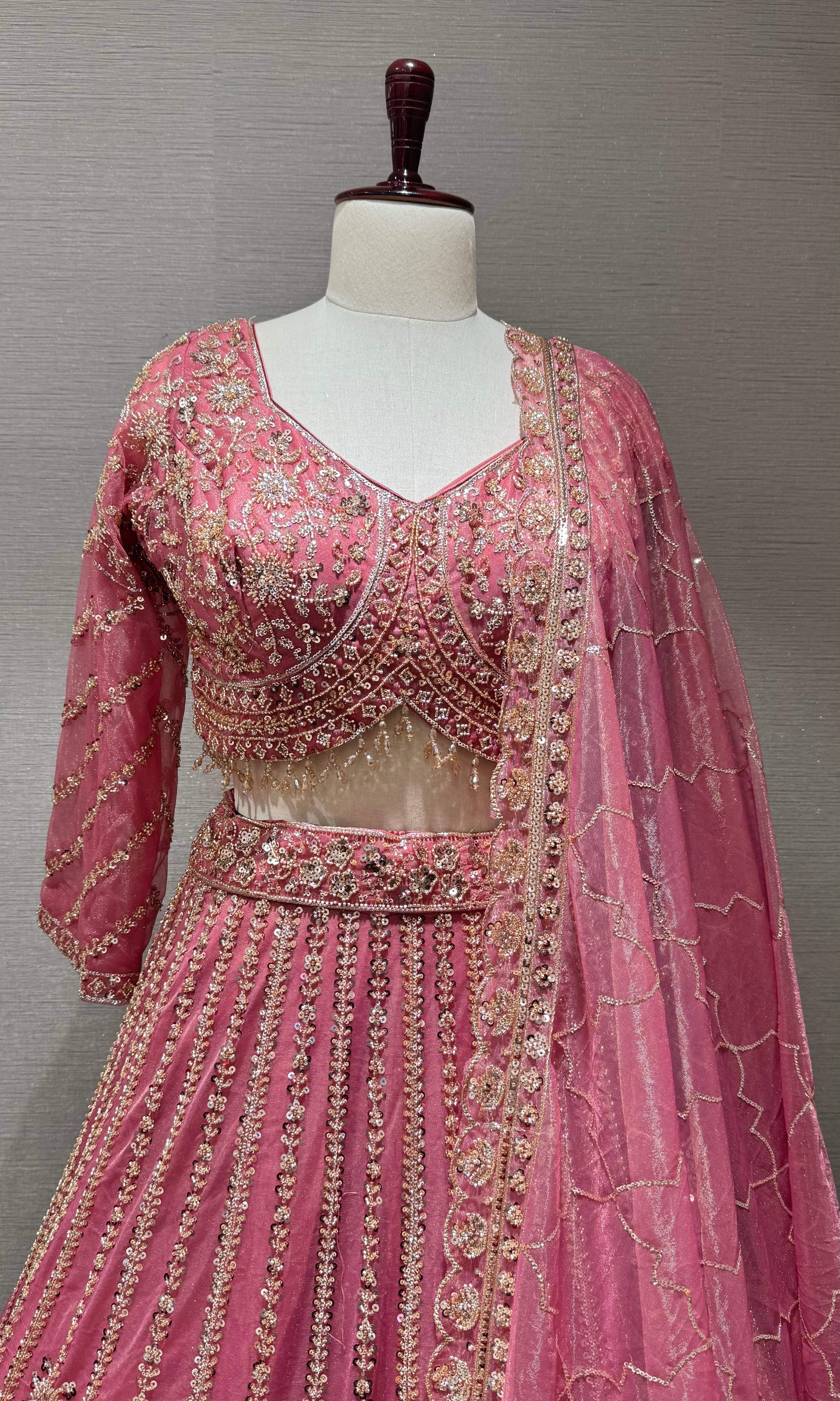 Rose Pink Intricate Embroidered Silk Lehenga Set