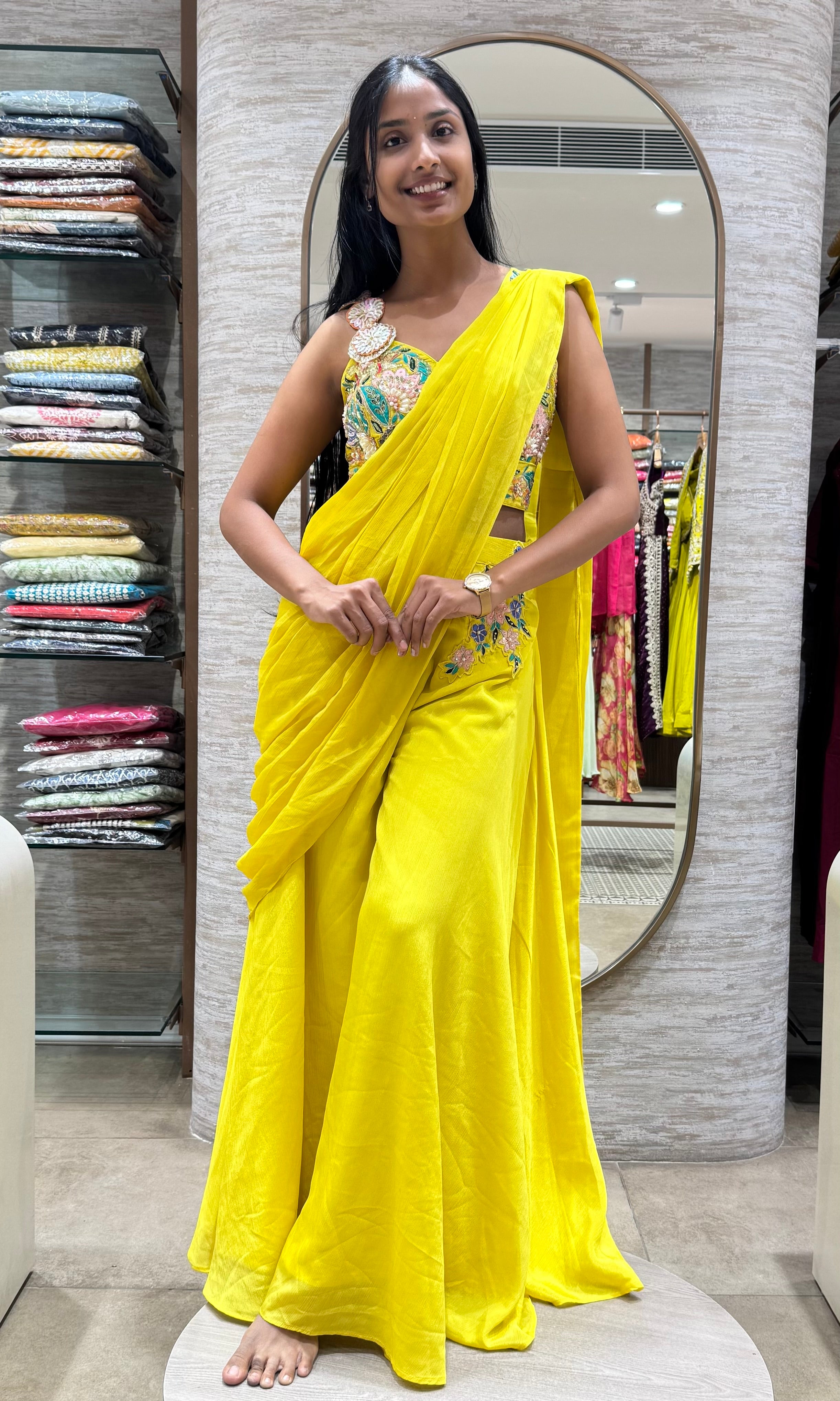 yellow intricate floral embroidery drape saree