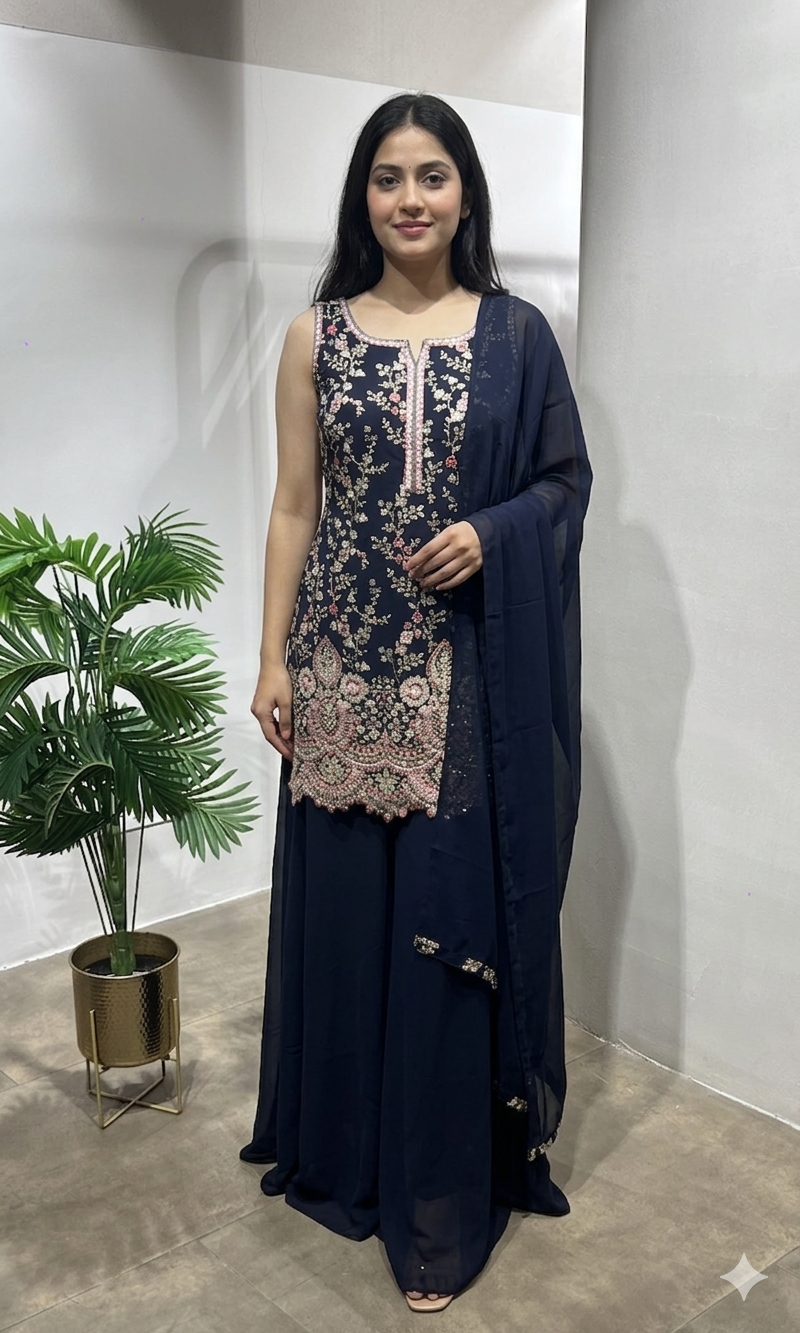 Black Faux Georgette Embroidery Sharara Suit