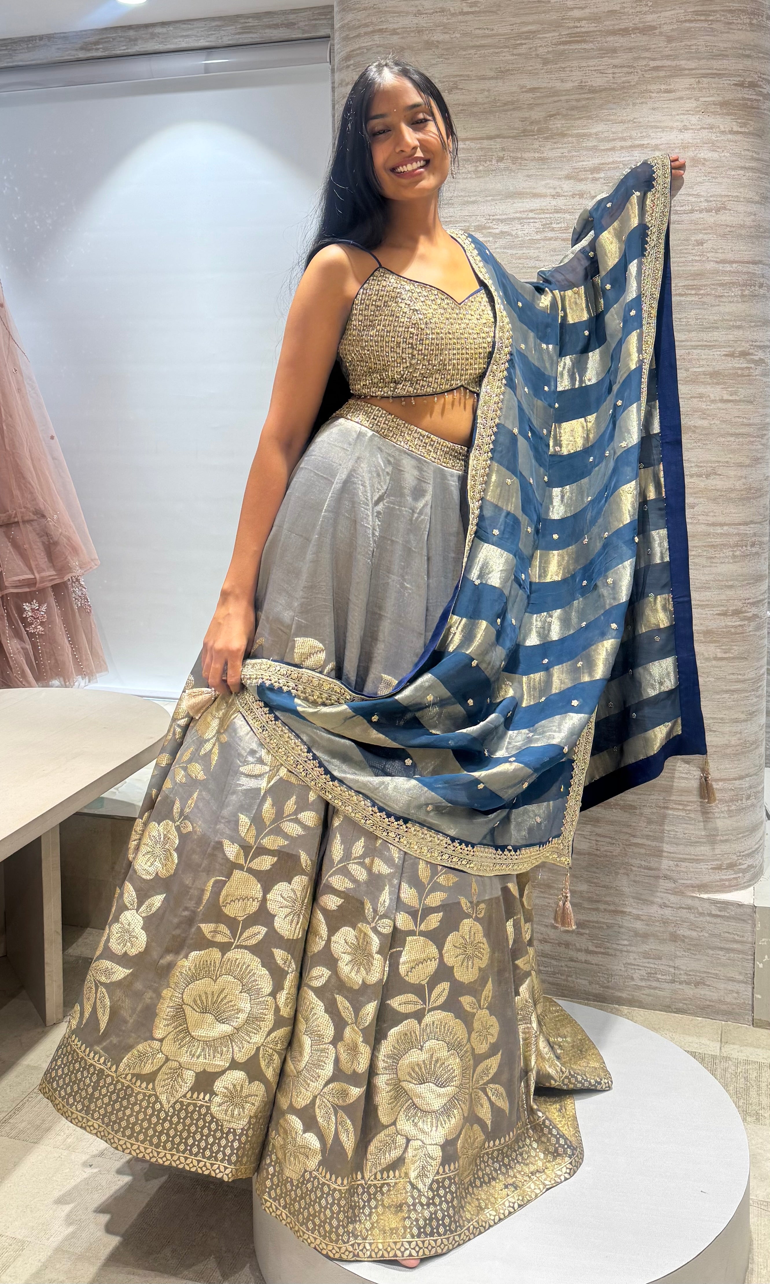 blue Gold floral Zari Lehenga set