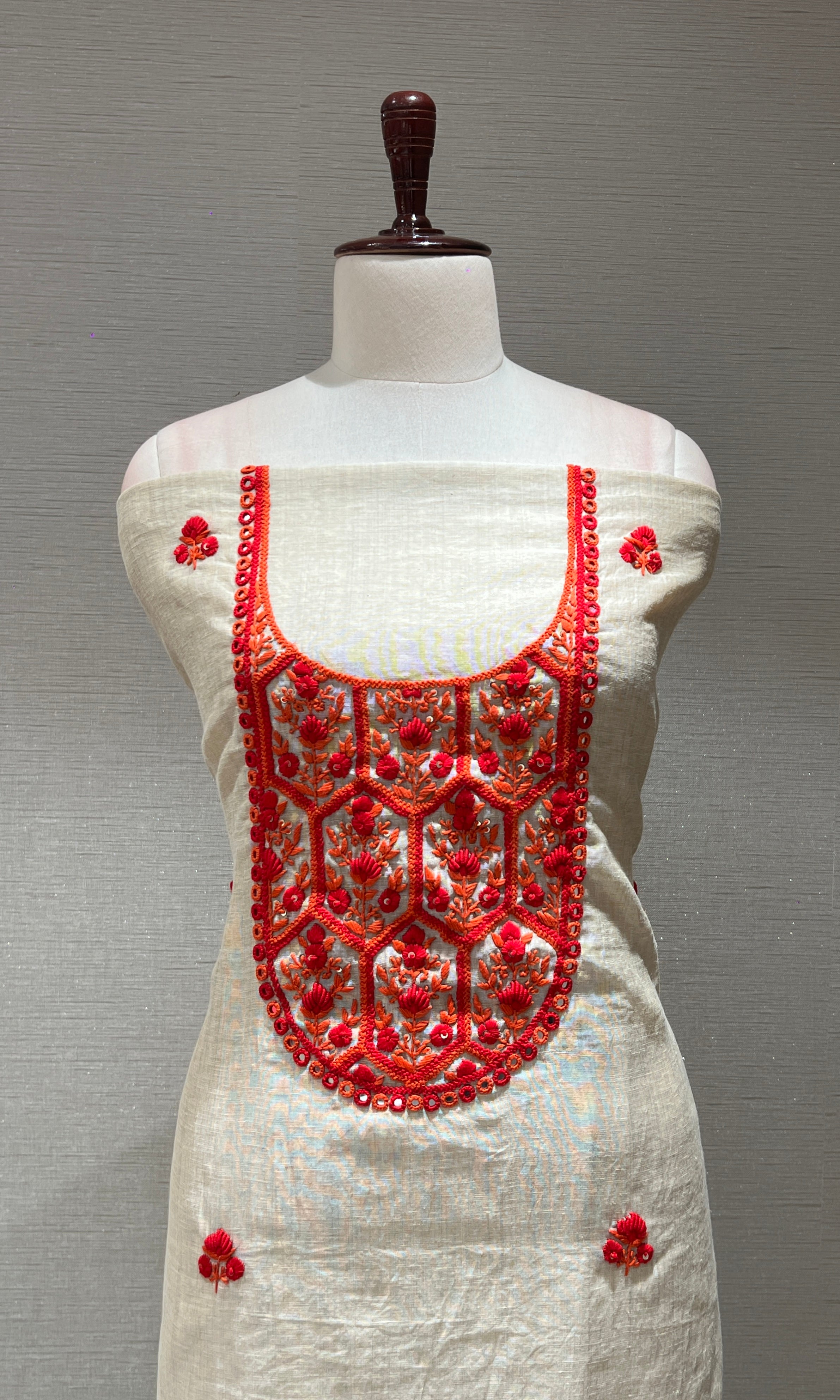 RED FLORAL EMBROIDERED DRESS MATERIAL