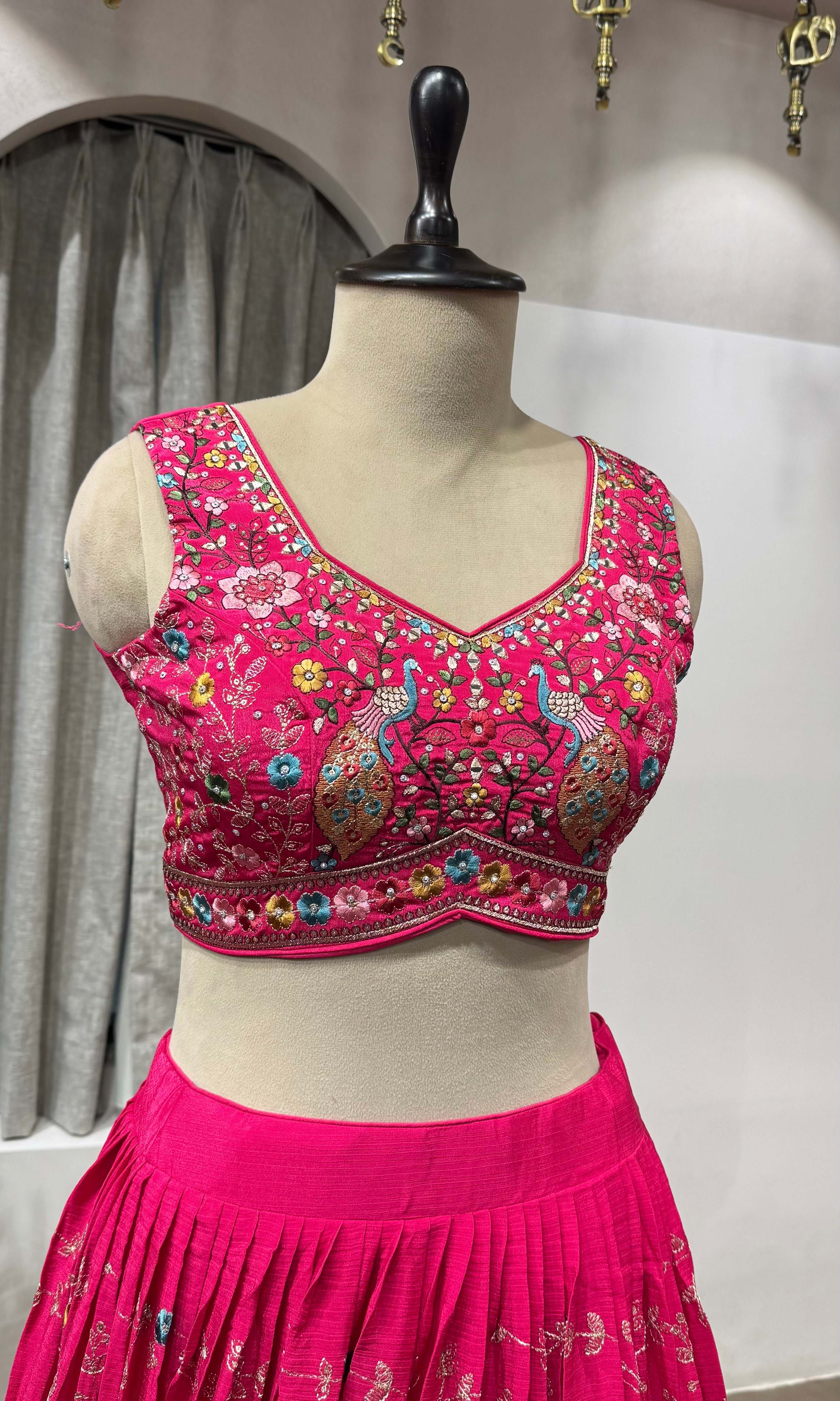 Fuchsia pink floral embroidered Lehenga set