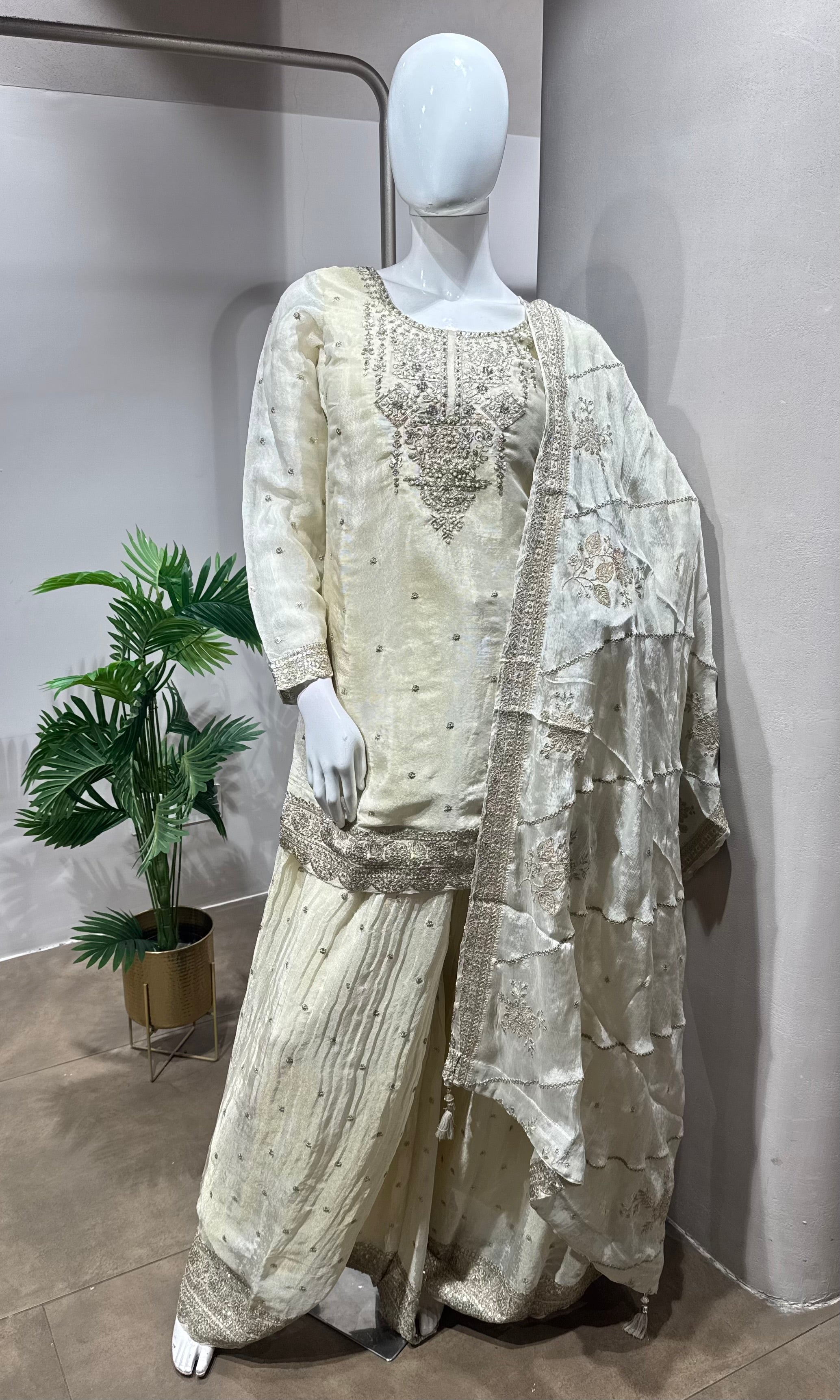 Cream Elegance Embroidered Sharara Set