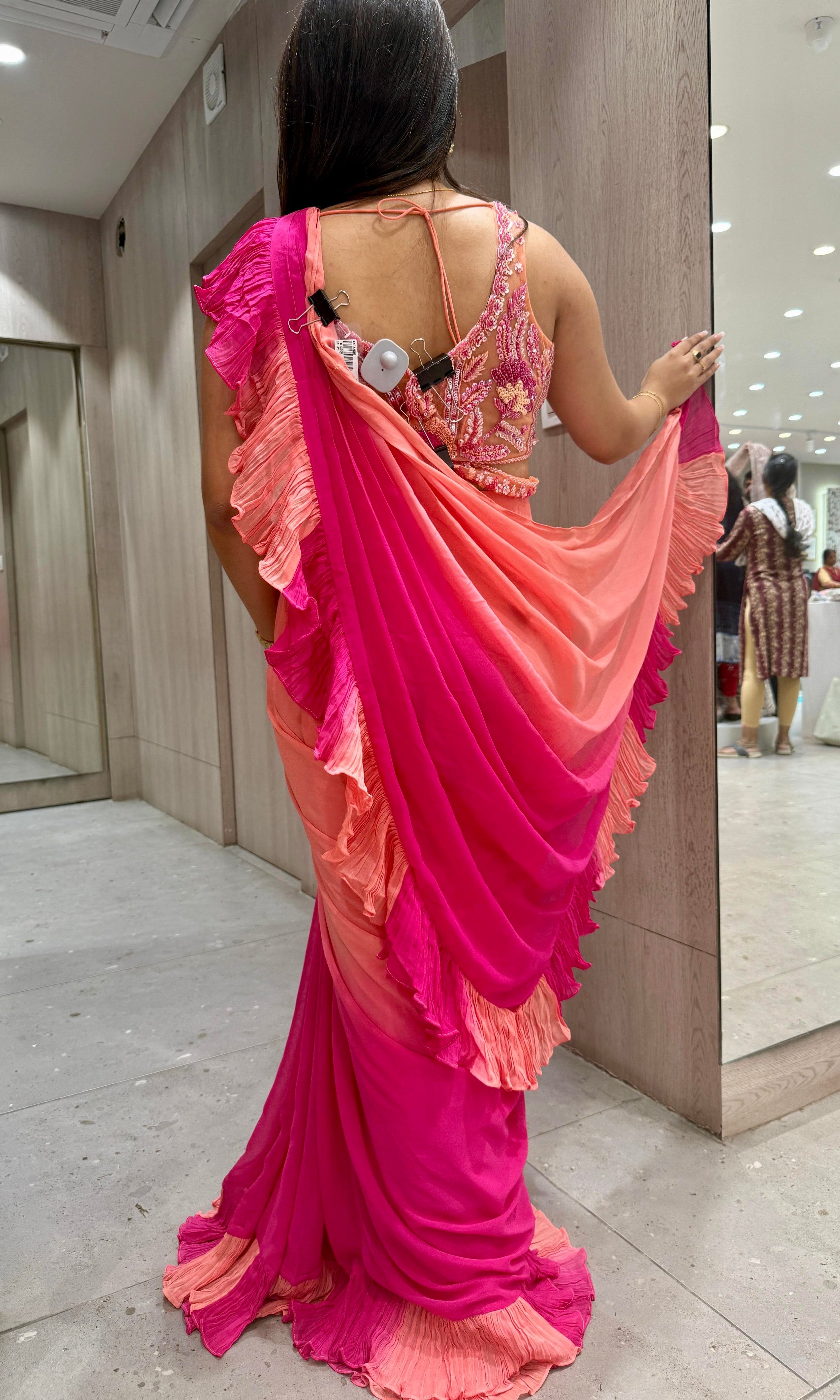 Peach & Pink Ombre One-Minute Ruffle Saree – Effortless Elegance