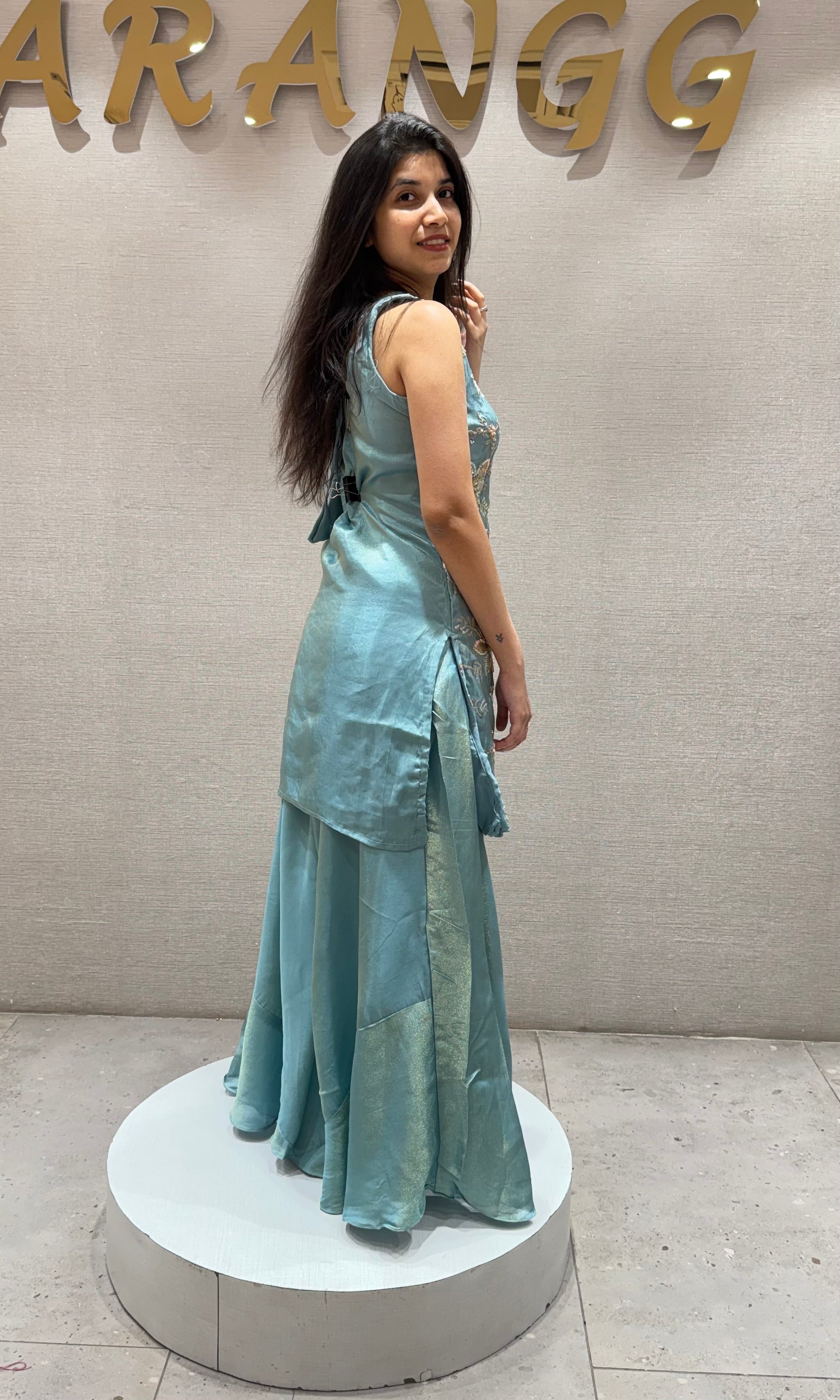 SEA Blue Tissue Floral Embroidery Sharara Set