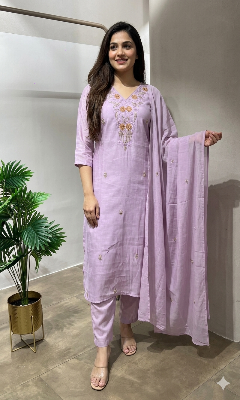 LAVENDER FLORAL EMBROIDERY KURTA SET