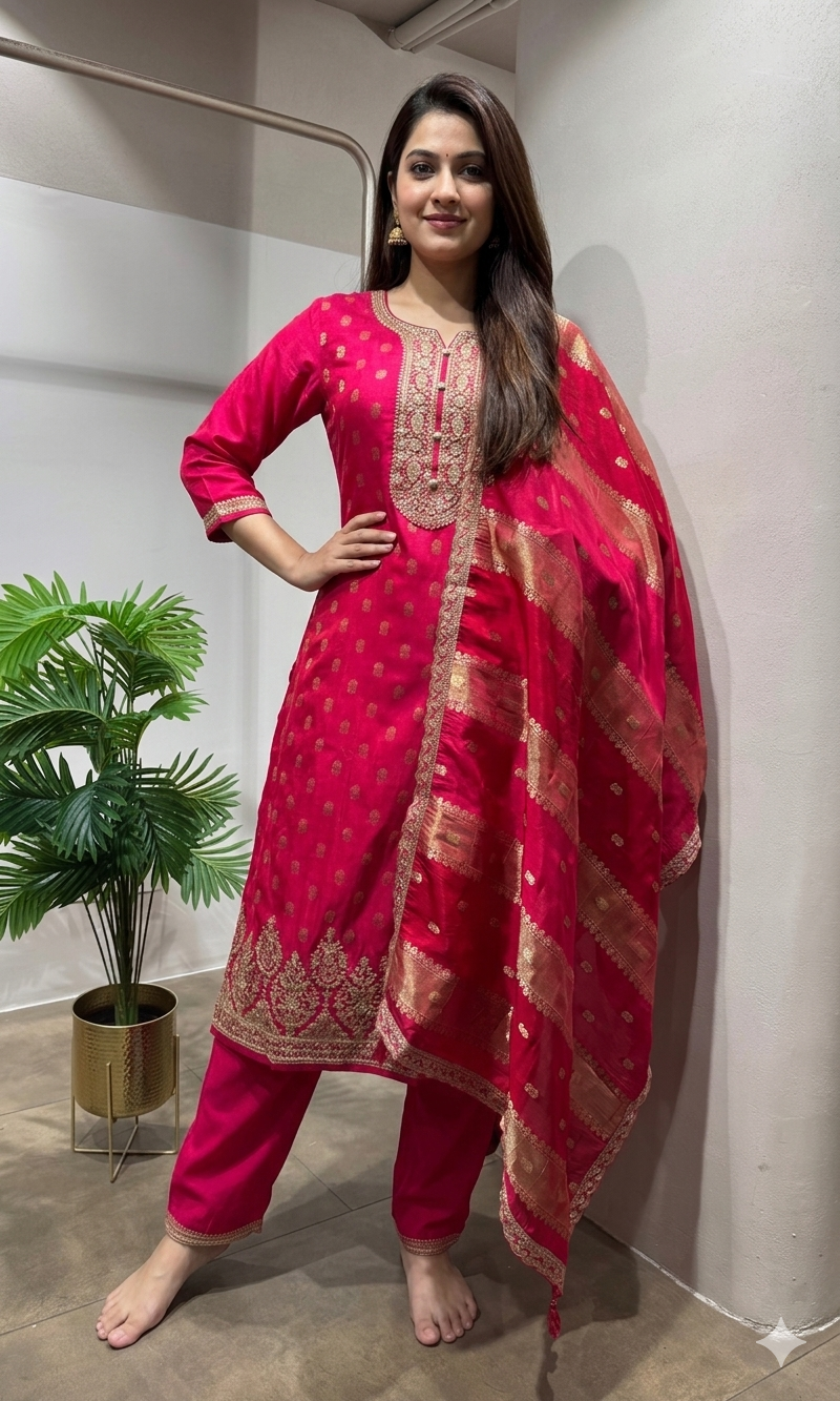 Pink Kurta Set with Gold Embroidery & Dupatta