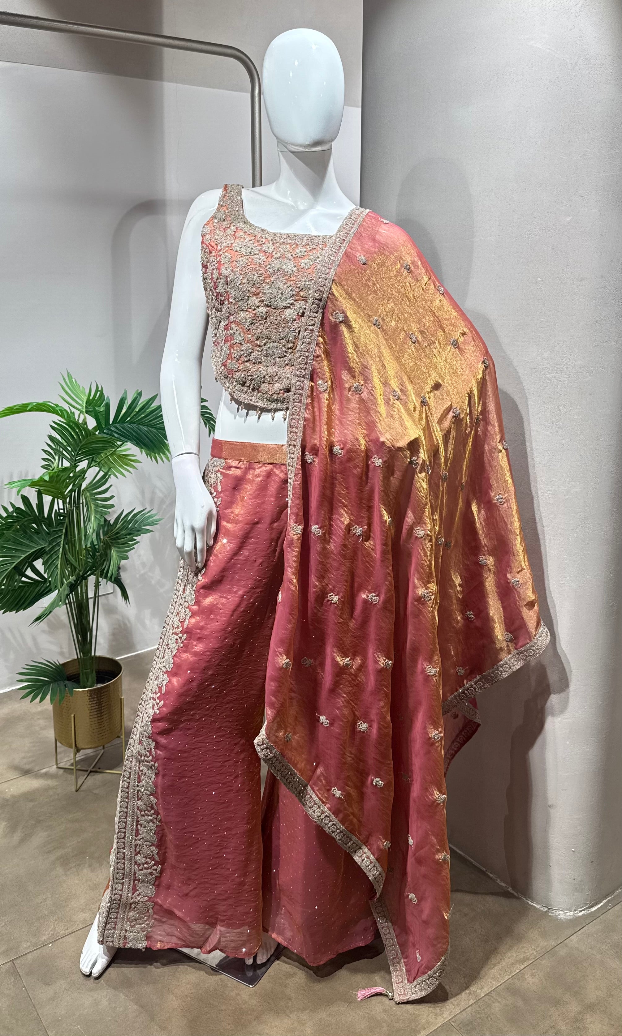 Peach Banarasi Tissue Silk Ensemble Palazzo set