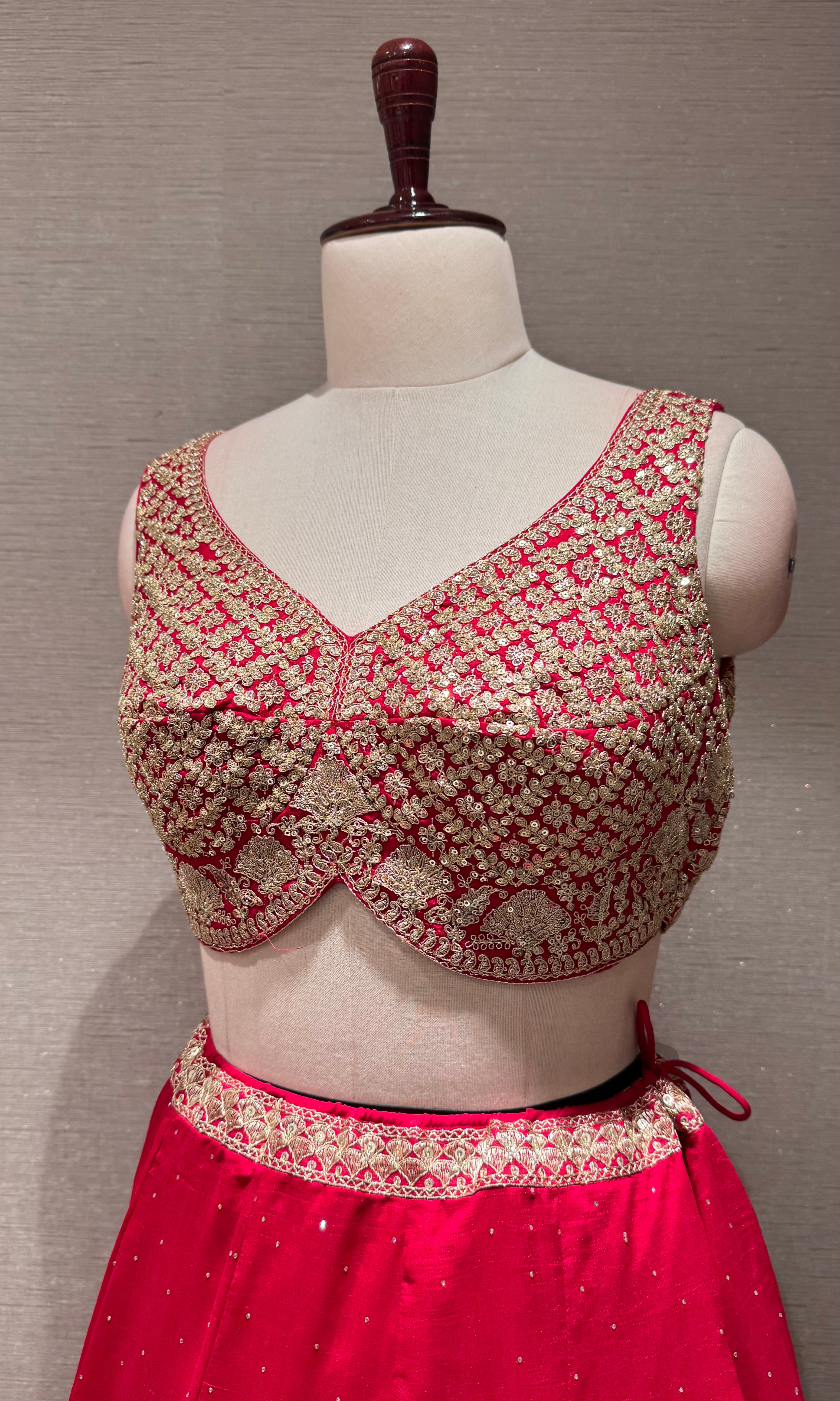 Bright Rani Lehenga Choli with Gold Embroidery