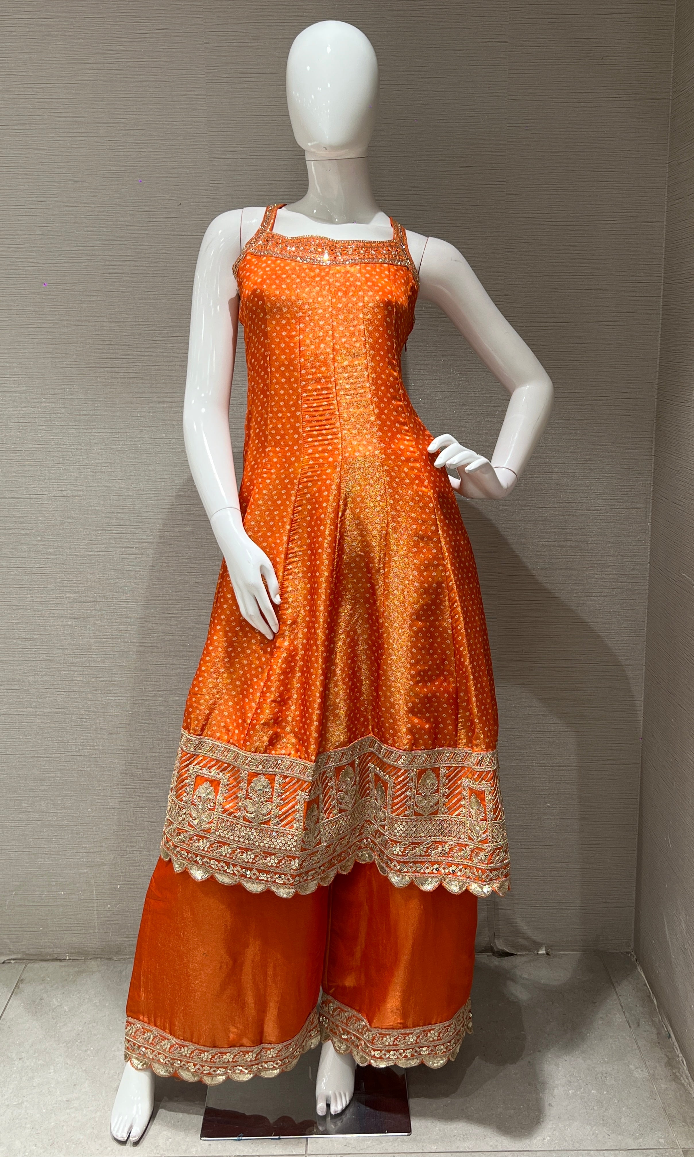 Orange Embroidered Sharara Set with Golden Stripes Dupatta