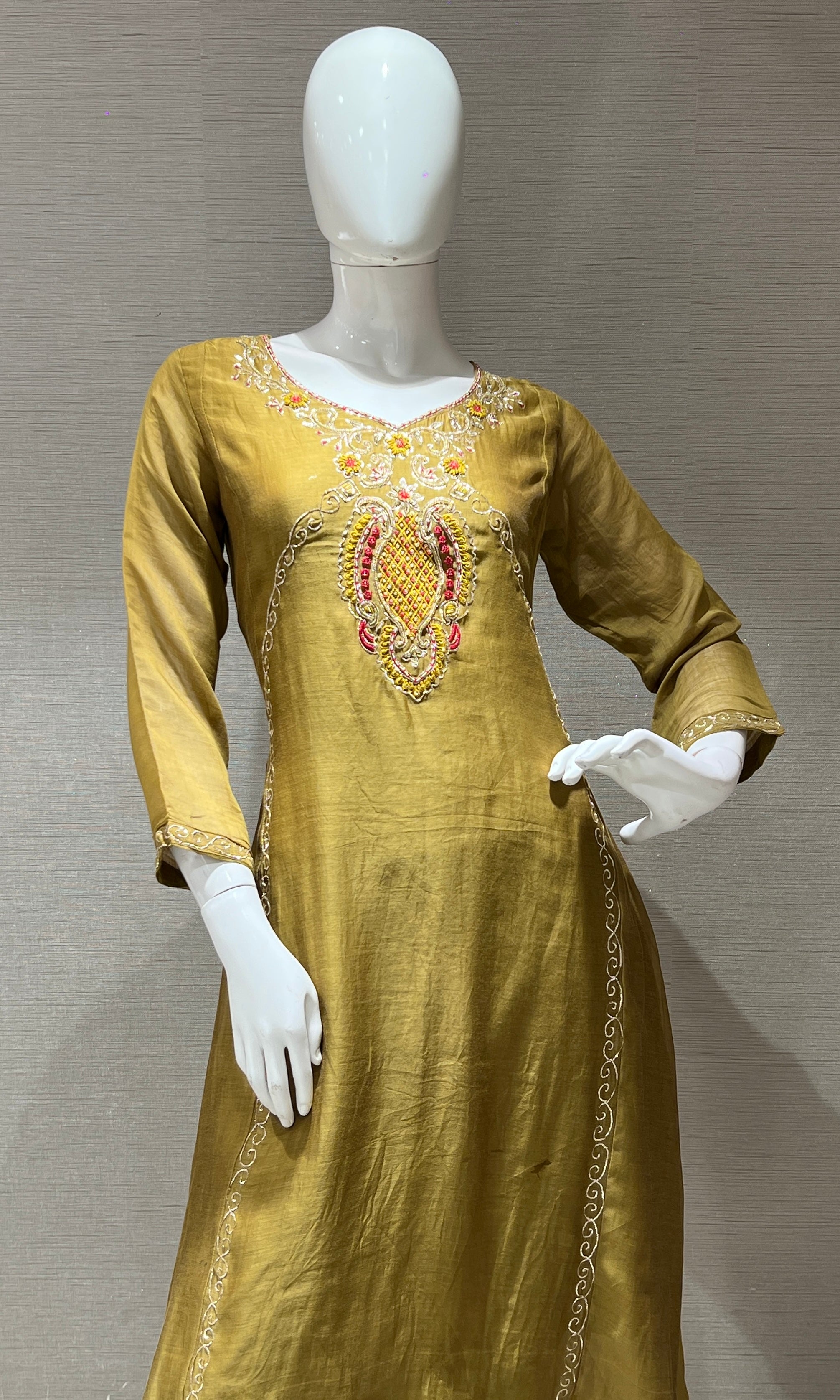 olive green embroidered MUL CHANDERI kurta set