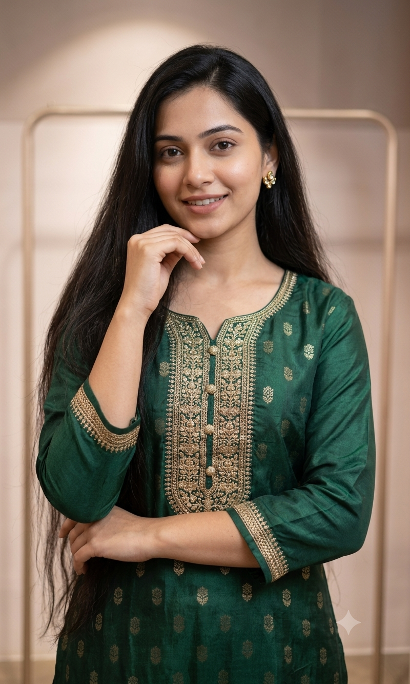 Green gold embroidered kurta set