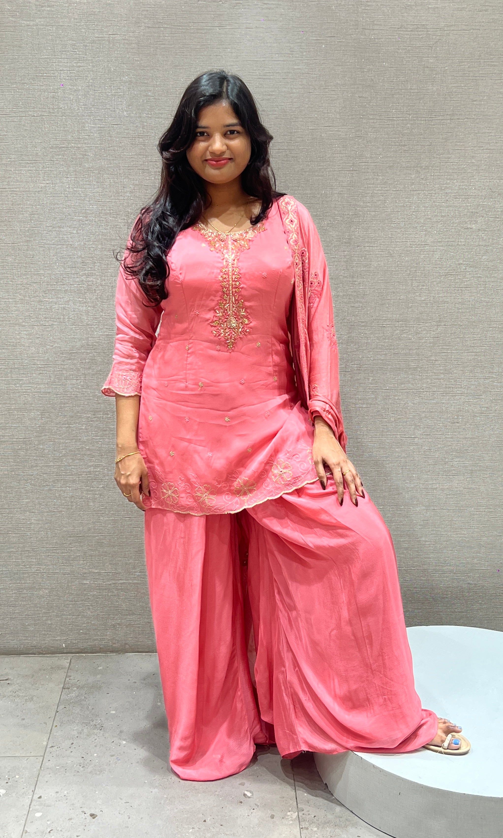 Peach Pink Embroidered Palazoo Set