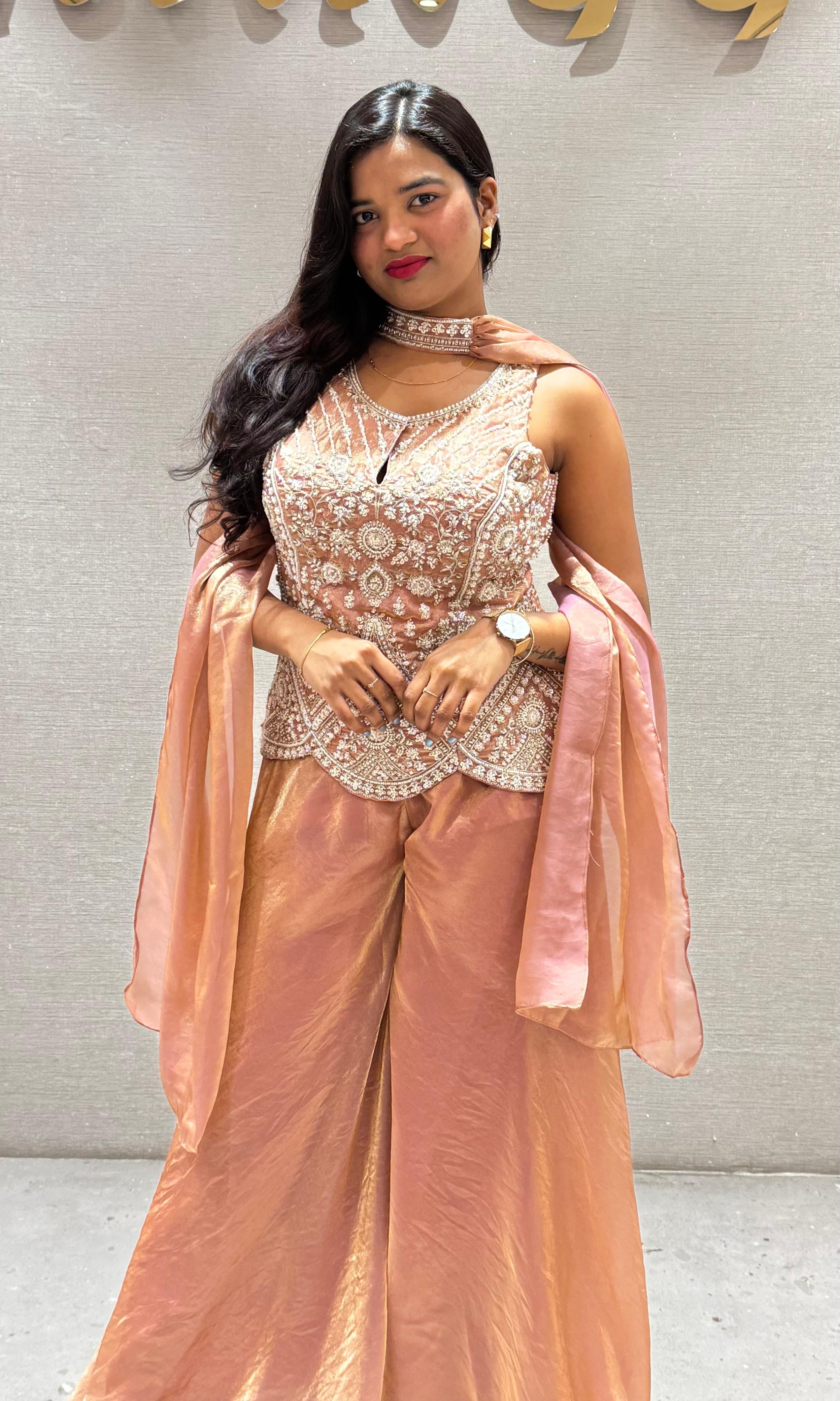 Onion pink EMBROIDERED PEPLUM PALAZZO SET