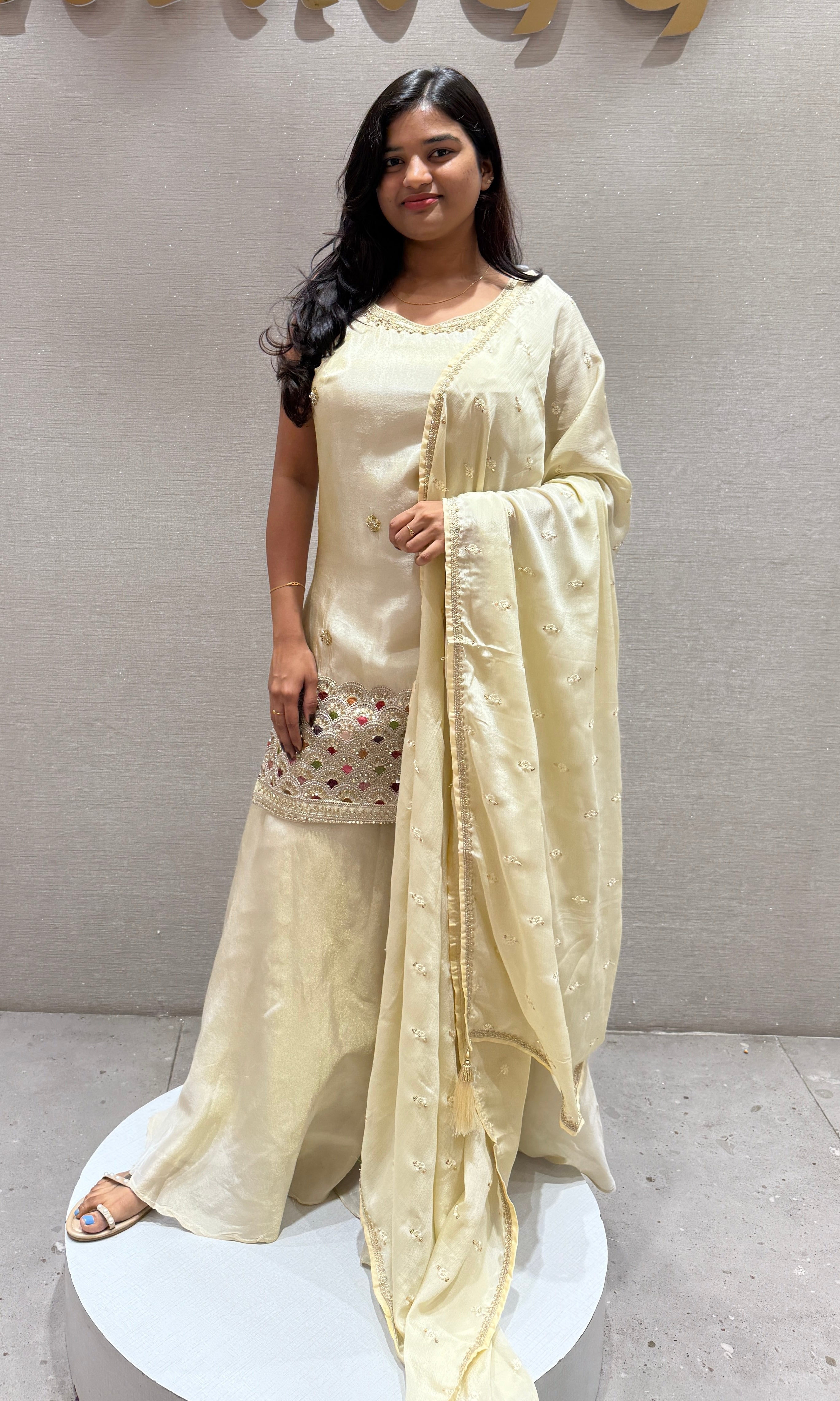 Half White Sharara With Golden Embroidery