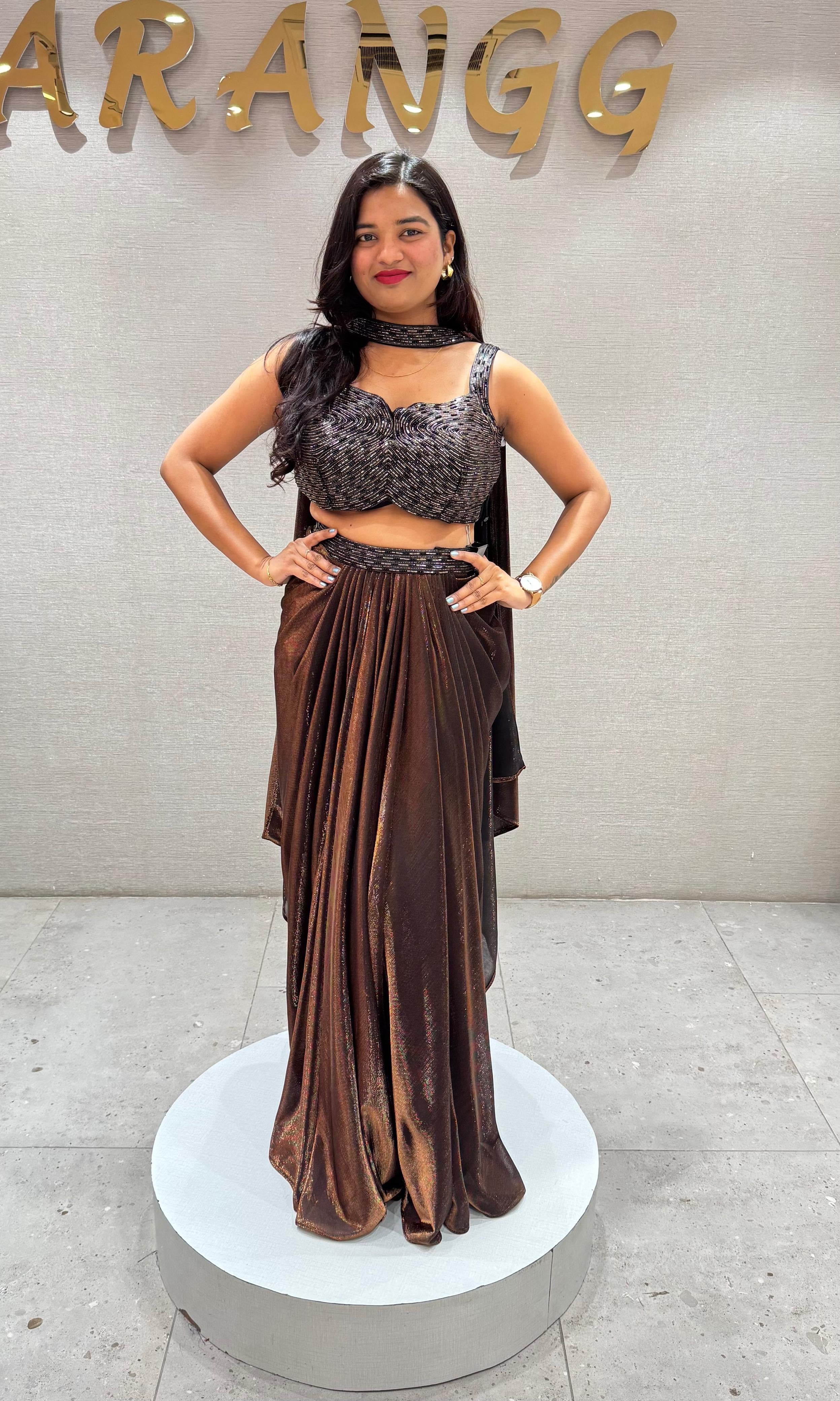 Brown SHIMMERING DRAPE SKIRT WITH BLOUSE