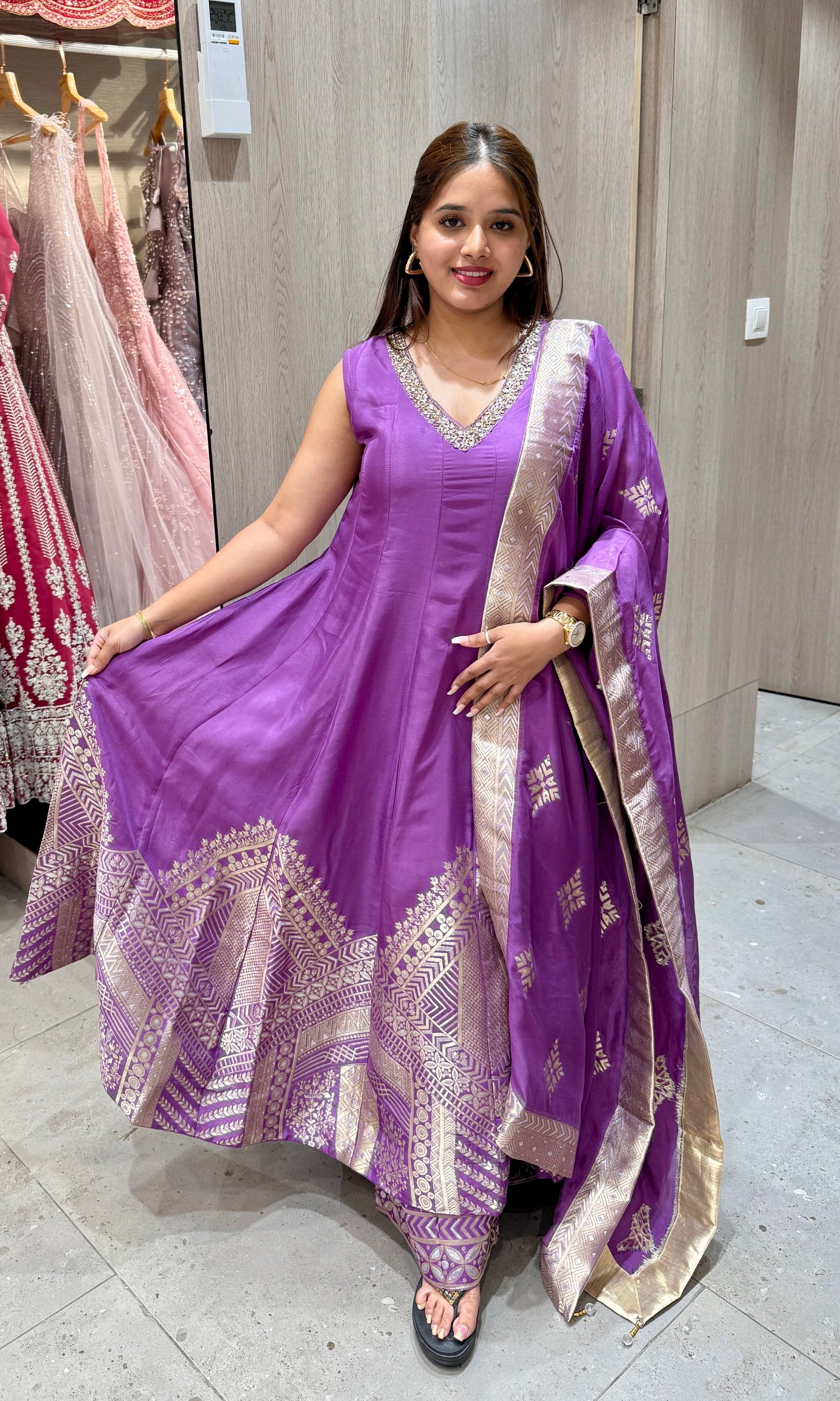 Purple Banarasi Anarkali with palazzo