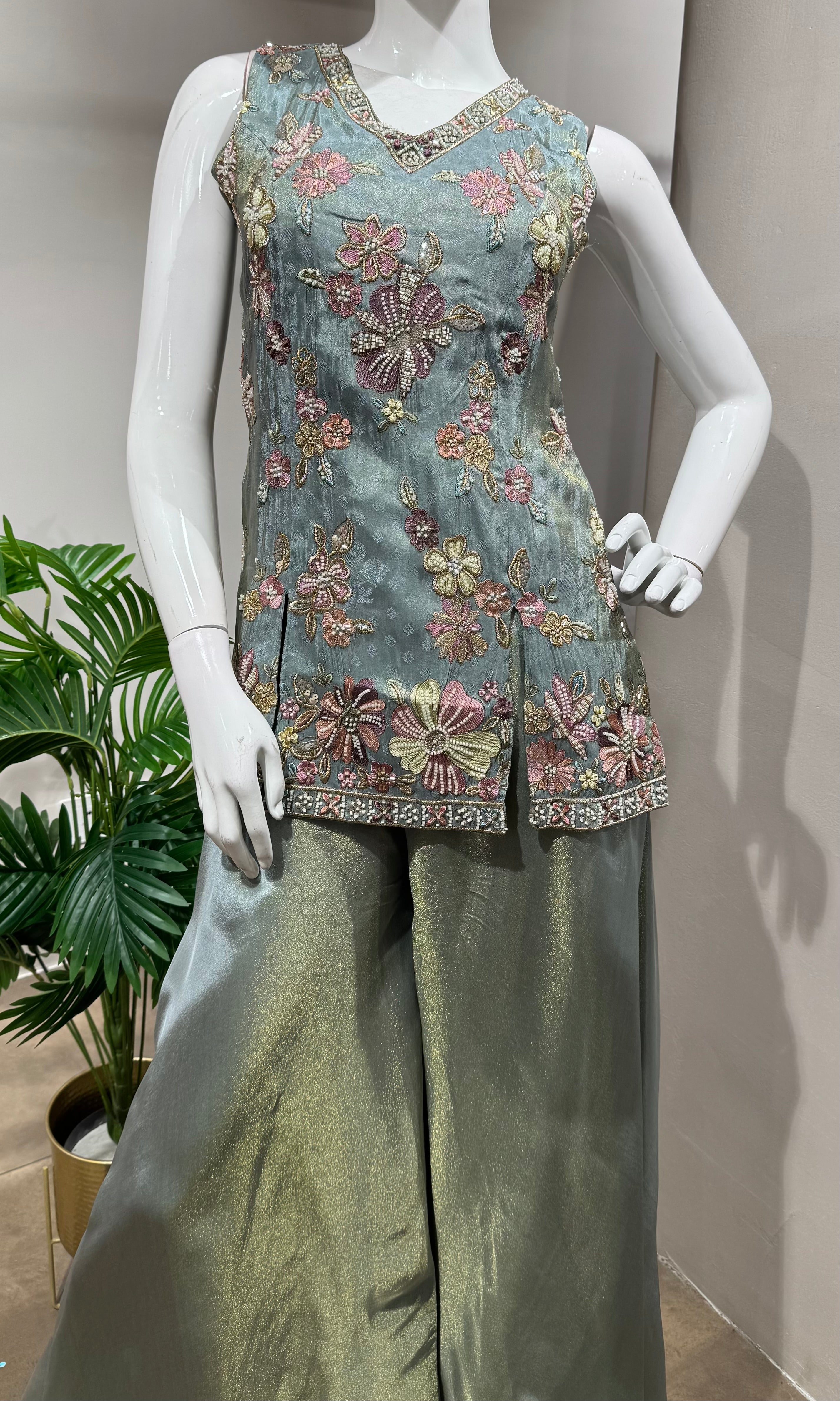 green Tissue Sharara Set with Floral Embroidery