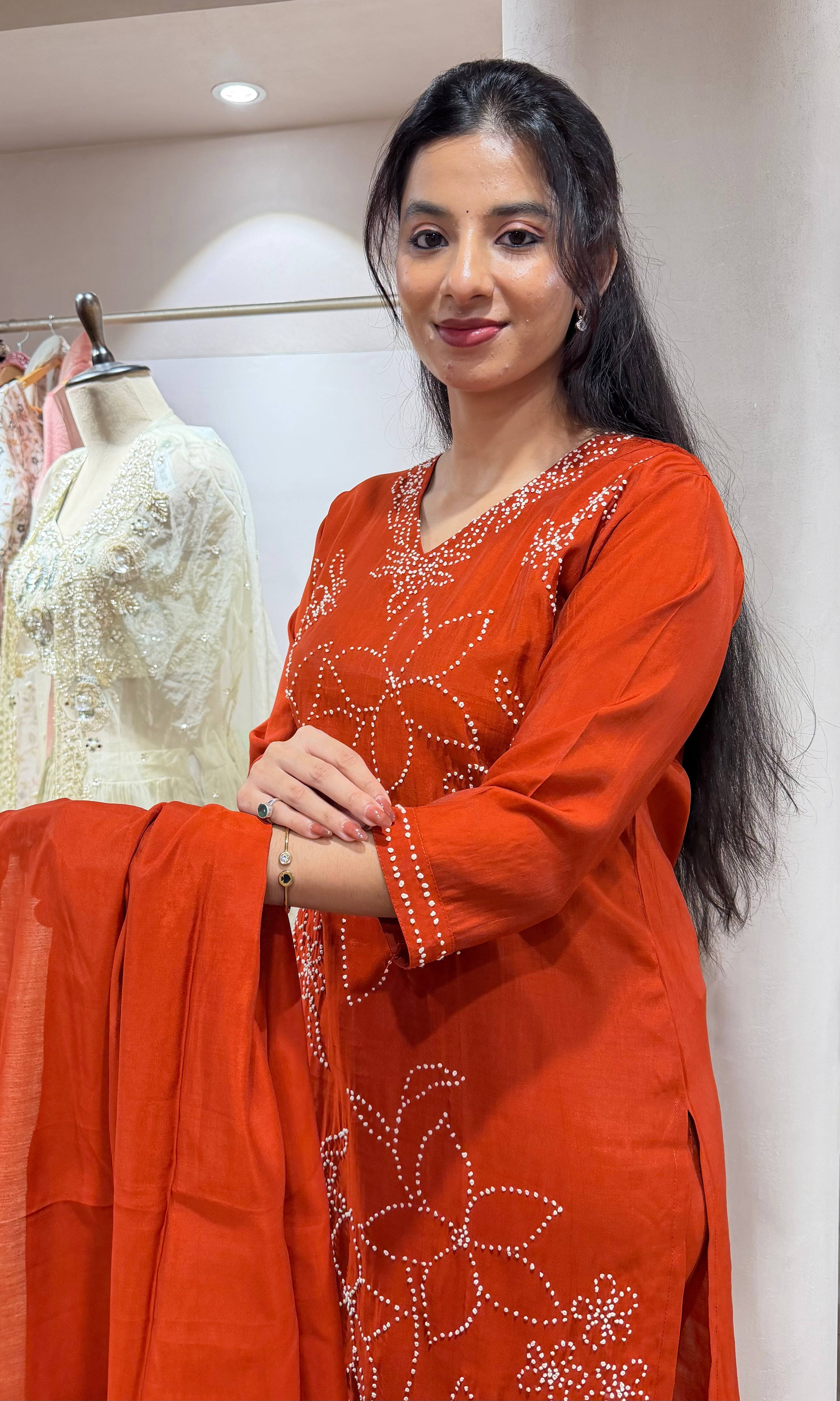 RUST FLORAL MUL CHANDERI KURTA SET