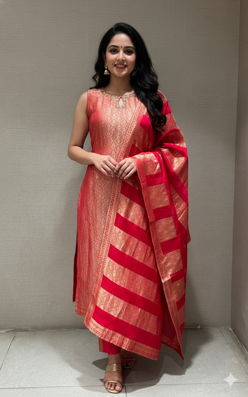 red and gold kurta set with dupatta