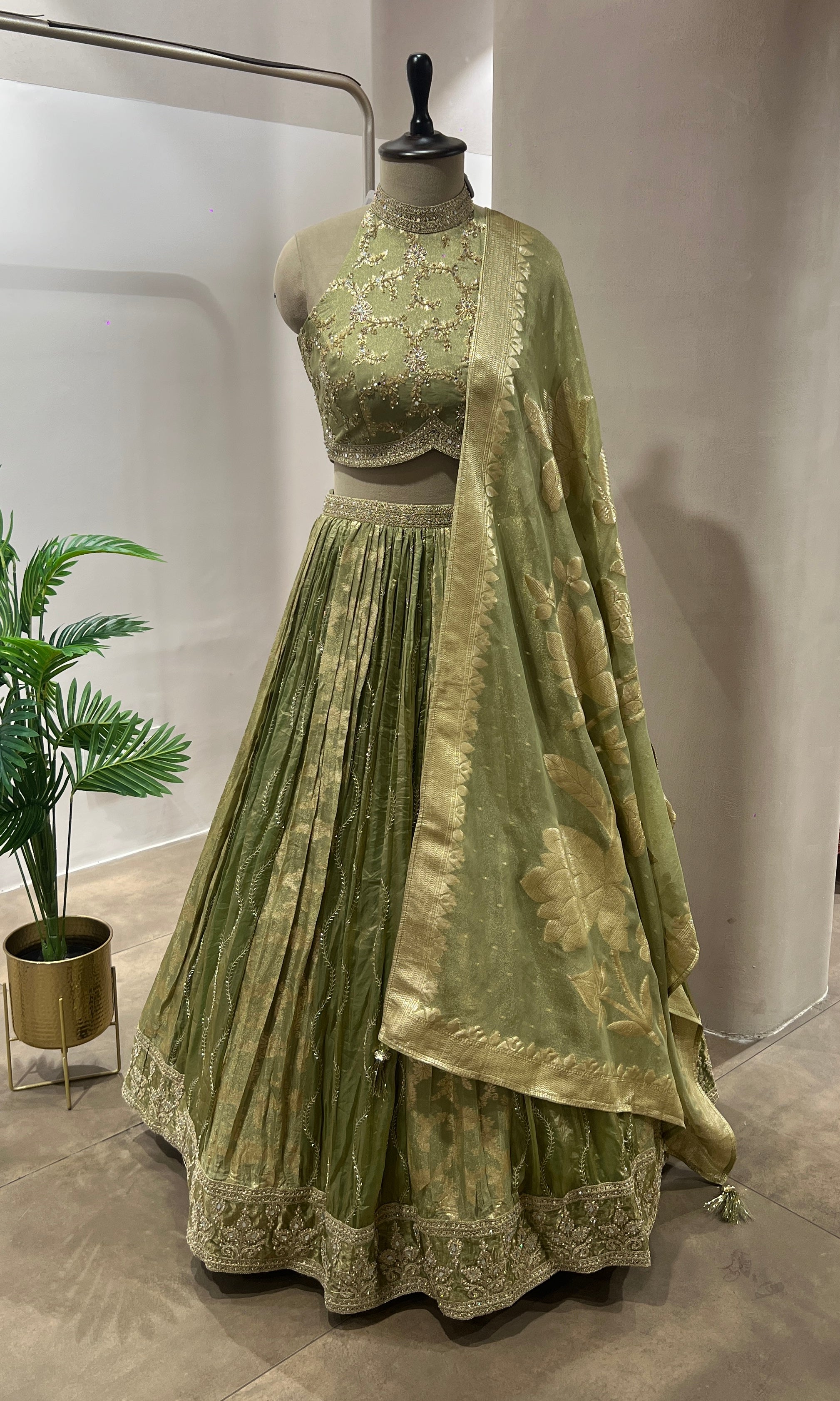 Green GOLDEN LEHENGA WITH HALTER NECK