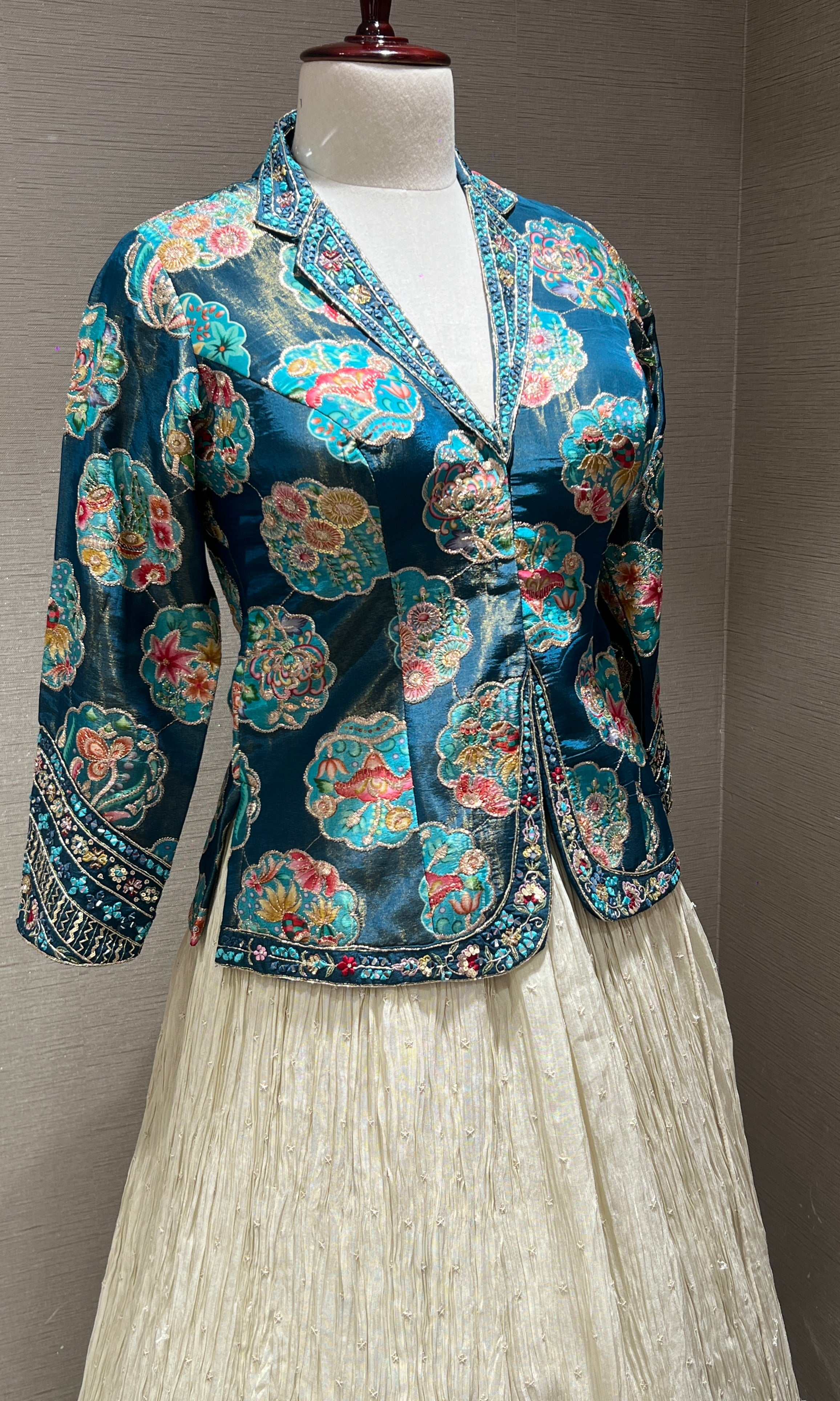Blue printed embroidered jacket lehenga