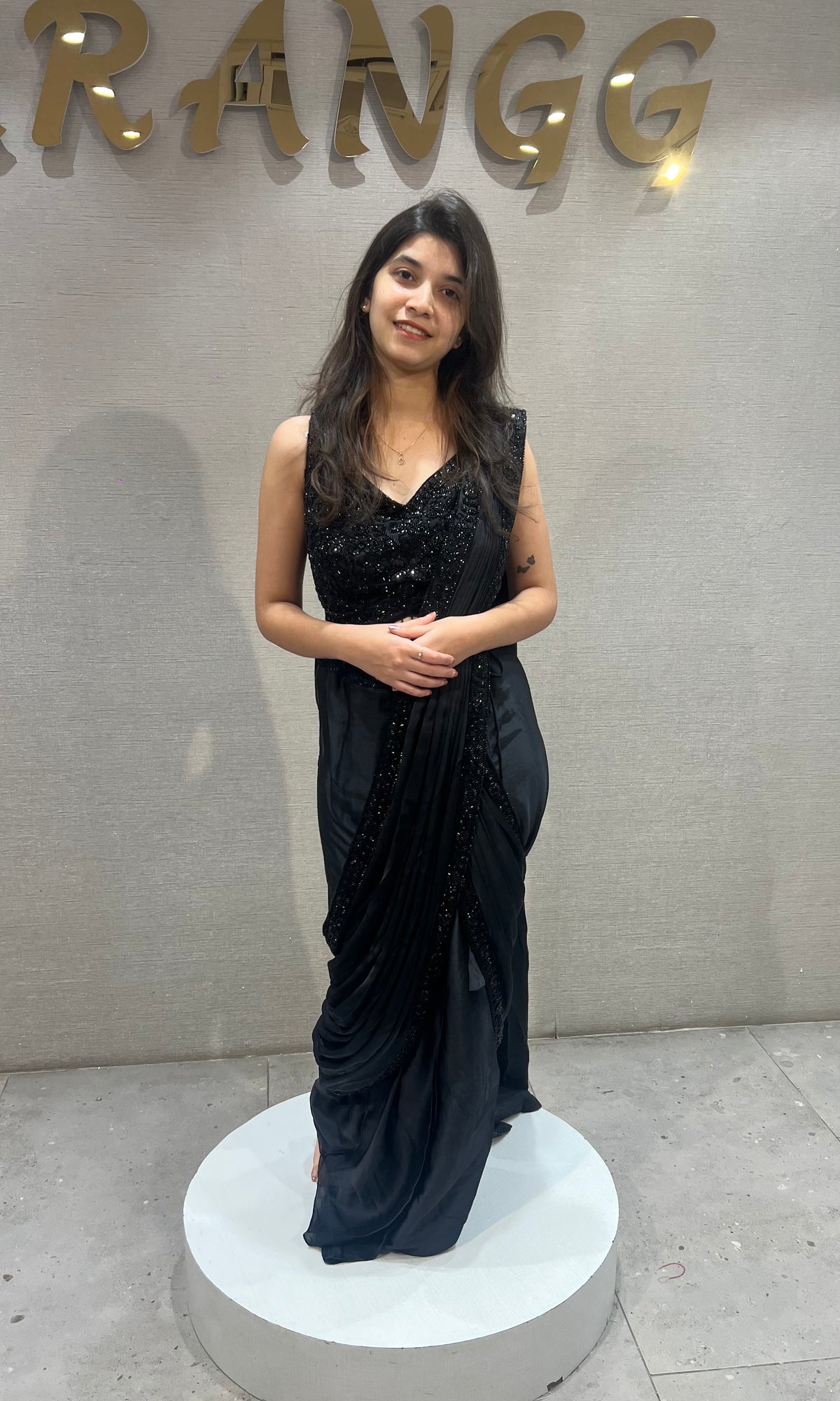 Black satin Embellished Draped Saree with Ethnic Blouse