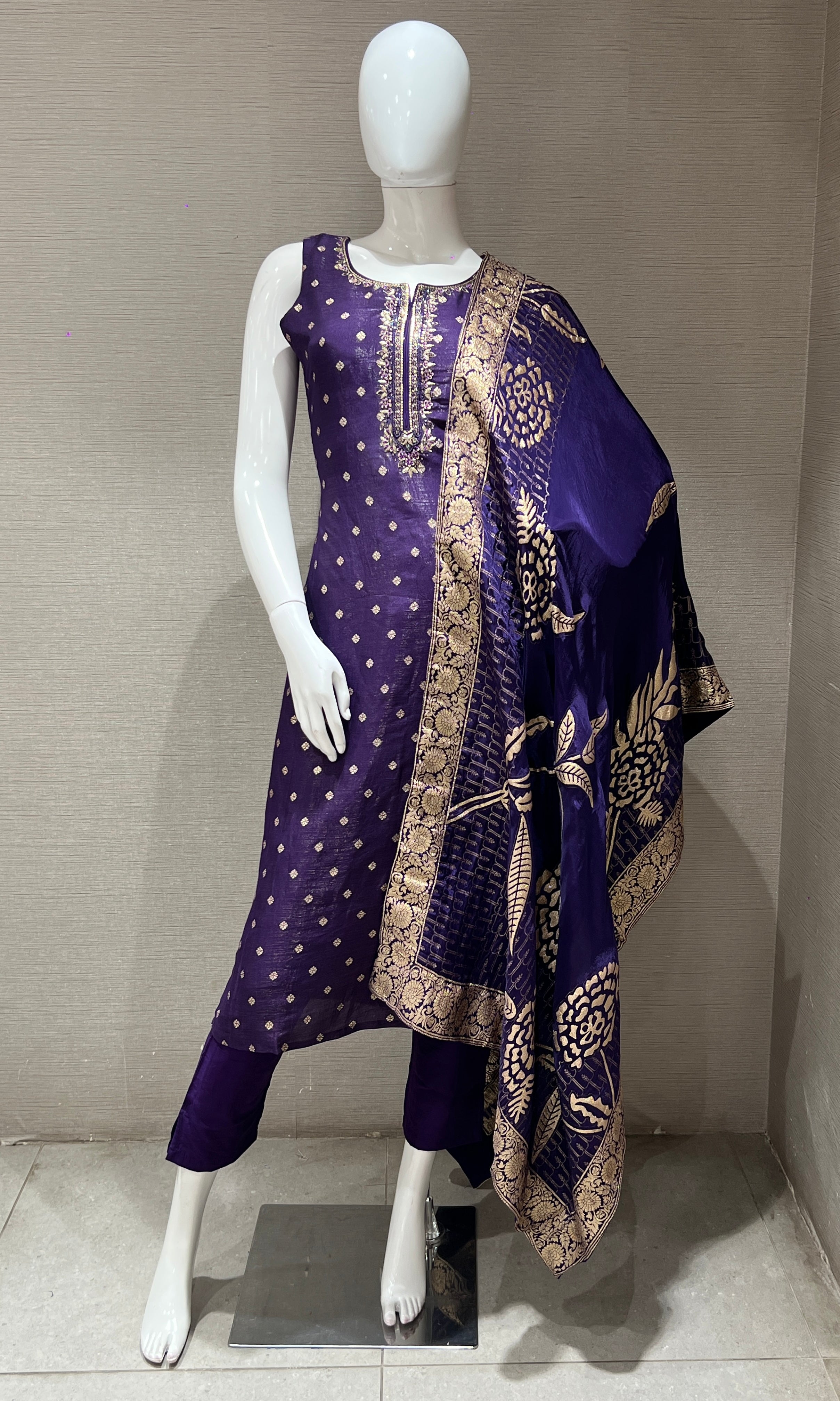 Purple shimmer silk embroidered kurta set